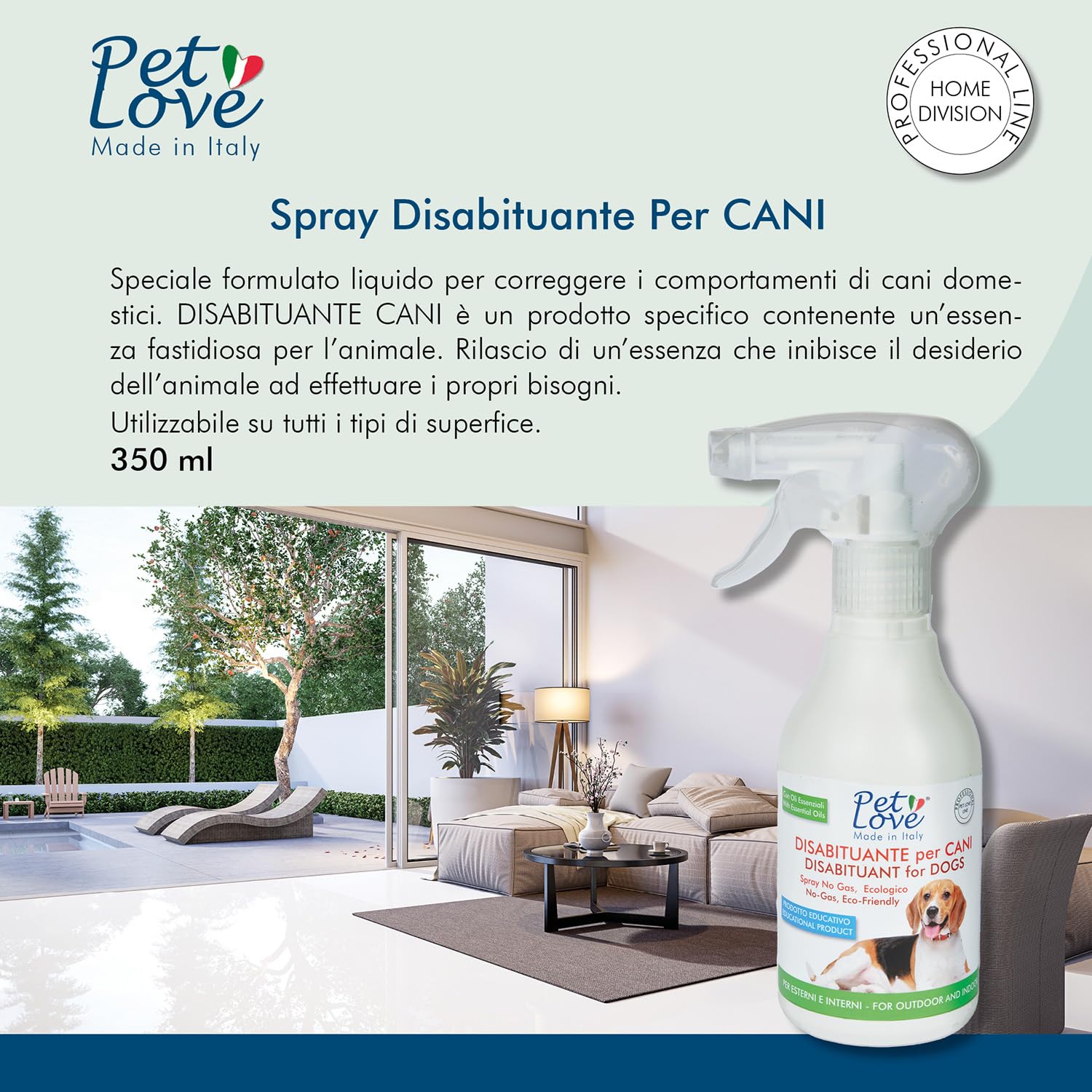 PET LOVE Spray Disabituante Repellente per Cani - Anti Urina per Interni ed Esterni - Barriera Olfattiva - 350 ml