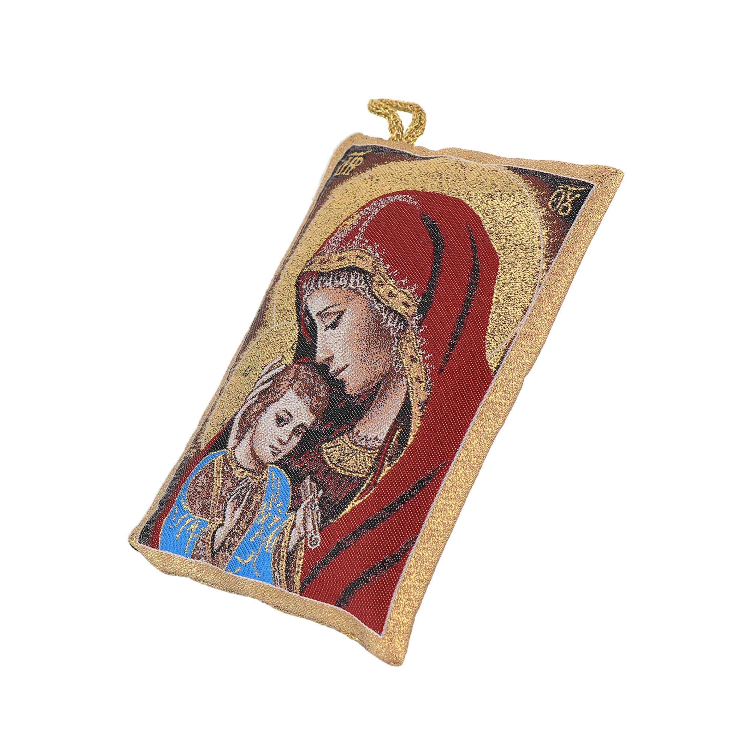 NKlaus Borsa rosario 7 x 10 cm – Maria con Gesù Bambino, ricamata rosso-oro, con cerniera e tracolla – custodia religiosa per preghiera e devozione
