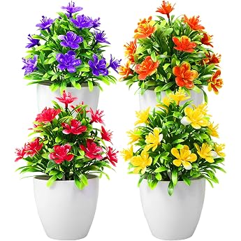 Pack of 4 Artificial Flowers in Pot Artificial Flowers Small Artificial Plant Mini Artificial Plants Like Real in Pot for Home Office Cafe Indoor and Outdoor Decoration