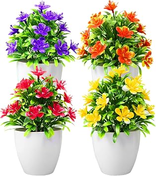 4 Pcs Artificial Flowers Potted Mini Lifelike Fake Plants With Pot - Plastic Faux Plants for Indoor Outdoor Home Cafes Table Office Desk Decor