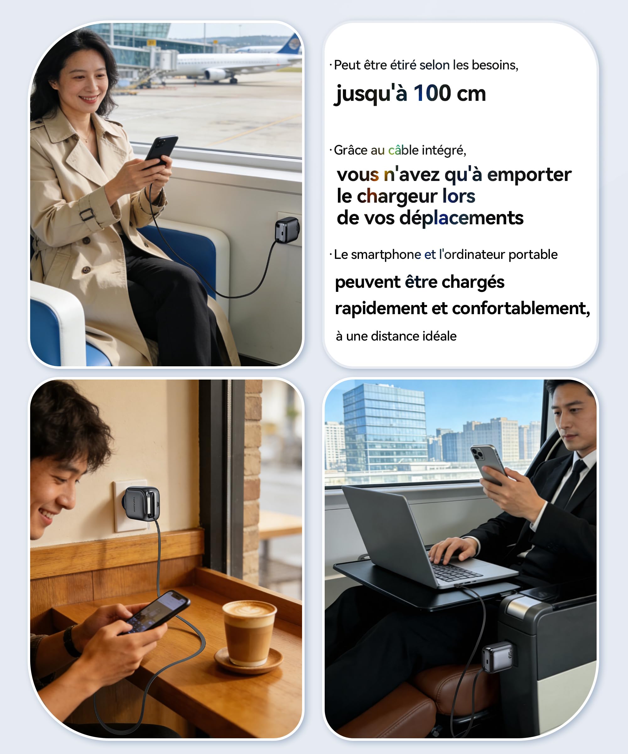 TOPADRE Chargeur USB C 65W, Prise USB C Rapide avec 100CM câble Rétractable