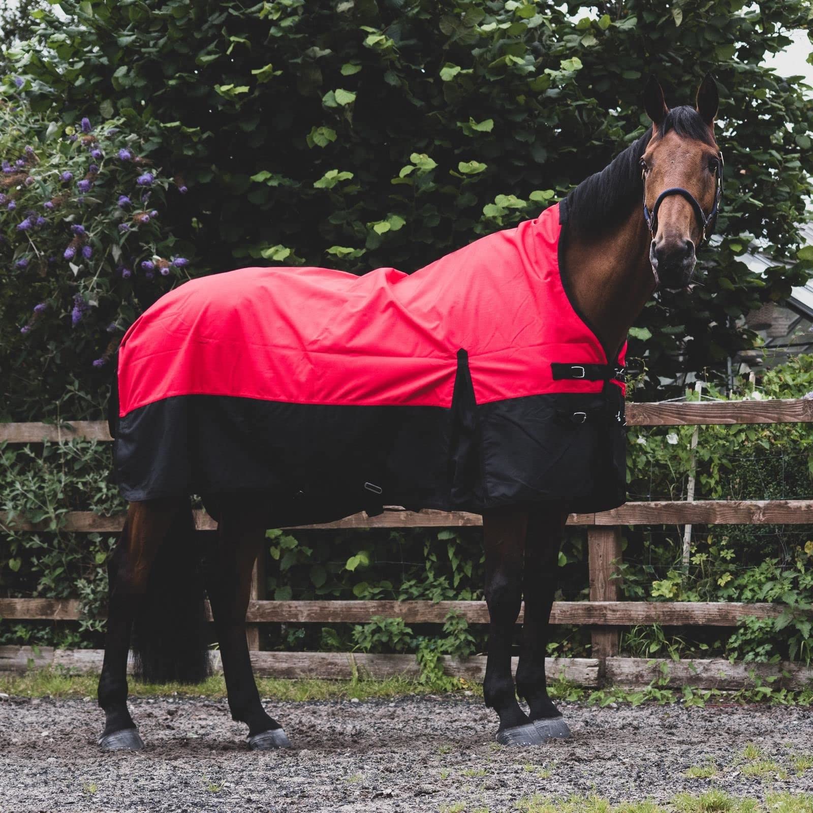 Equitack 1200D Winterdecke Pferd, 155cm | 100g Highneck Regendecke Pferd mit Fleece | wasserdichte Outdoordecke Pferd |Rot/Schwarz