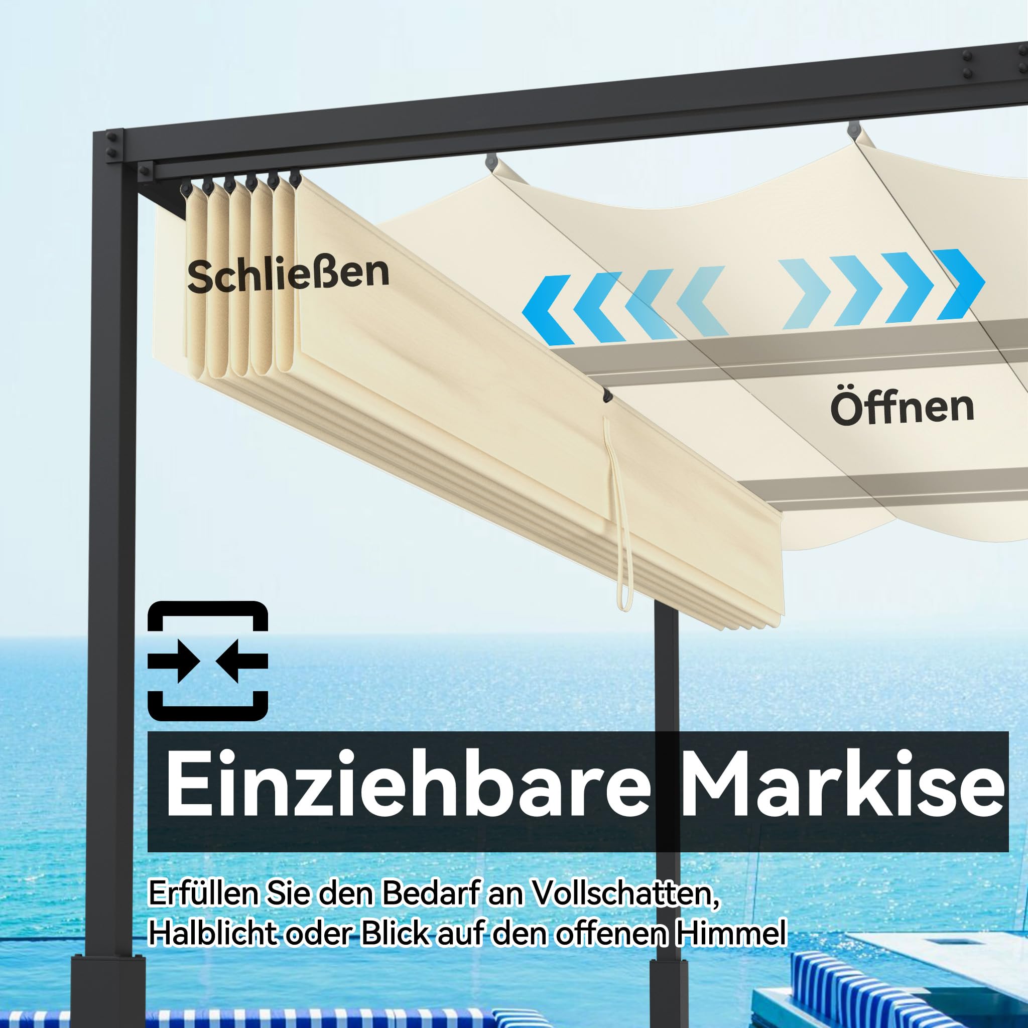 YRHome Pergola z przesuwnym dachem 3 x 3 m, pawilon ogrodowy ze stali i poliestru, wodoszczelny i odporny na warunki zimowe, wolnostojący dach tarasowy z wytrzymałymi metalowymi kolumnami, ochrona