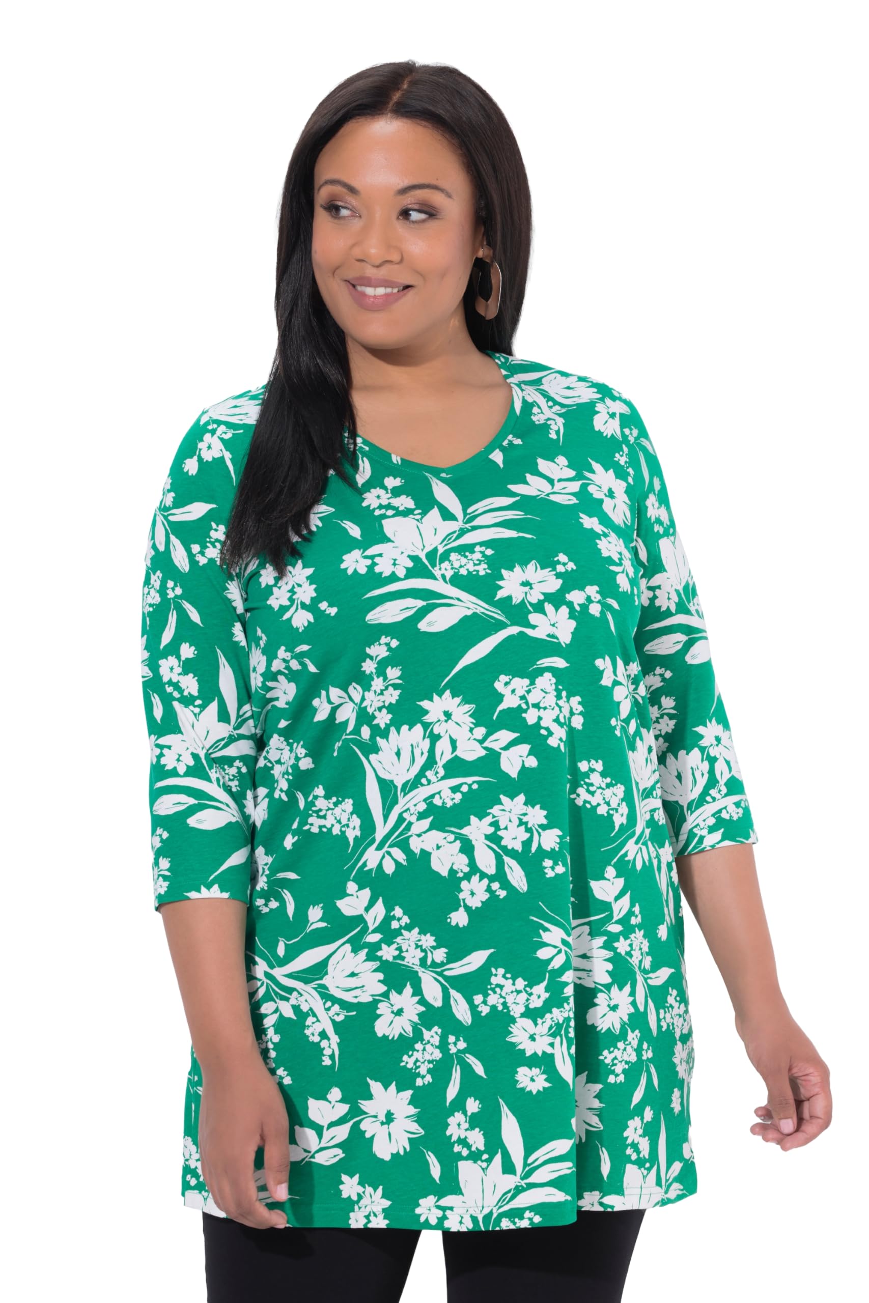 Ulla Popken Damen große Größen Übergrößen Plus Size Longshirt, Blüten, A-Linie, V-Ausschnitt, 3/4-Arm 847067
