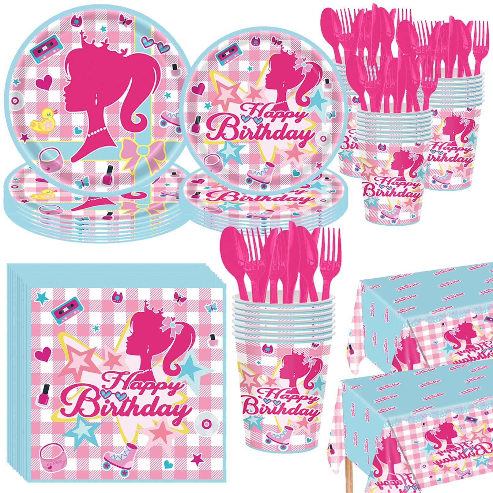 SOOFAM 121 PCS Pink Princess Birthday Party Supplies, Pink Girl Birthday Party Supplies,Pink Doll Party Derocations for barbie Party Serves 20 Guests Plates and Napkins Cup (barbie)