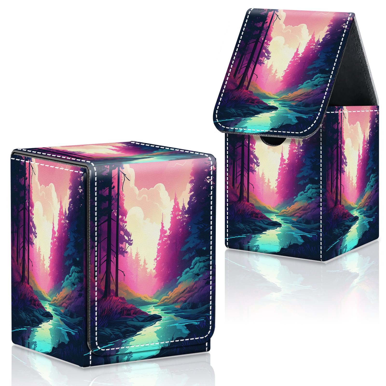CAPAUNVDA Card Deck Box for MTG Commander Trading Cards with Magnetic Closure,Premium Card Storage Box Case Cover for MTG TCG CCG Magic Cards,Blue Pink Forest