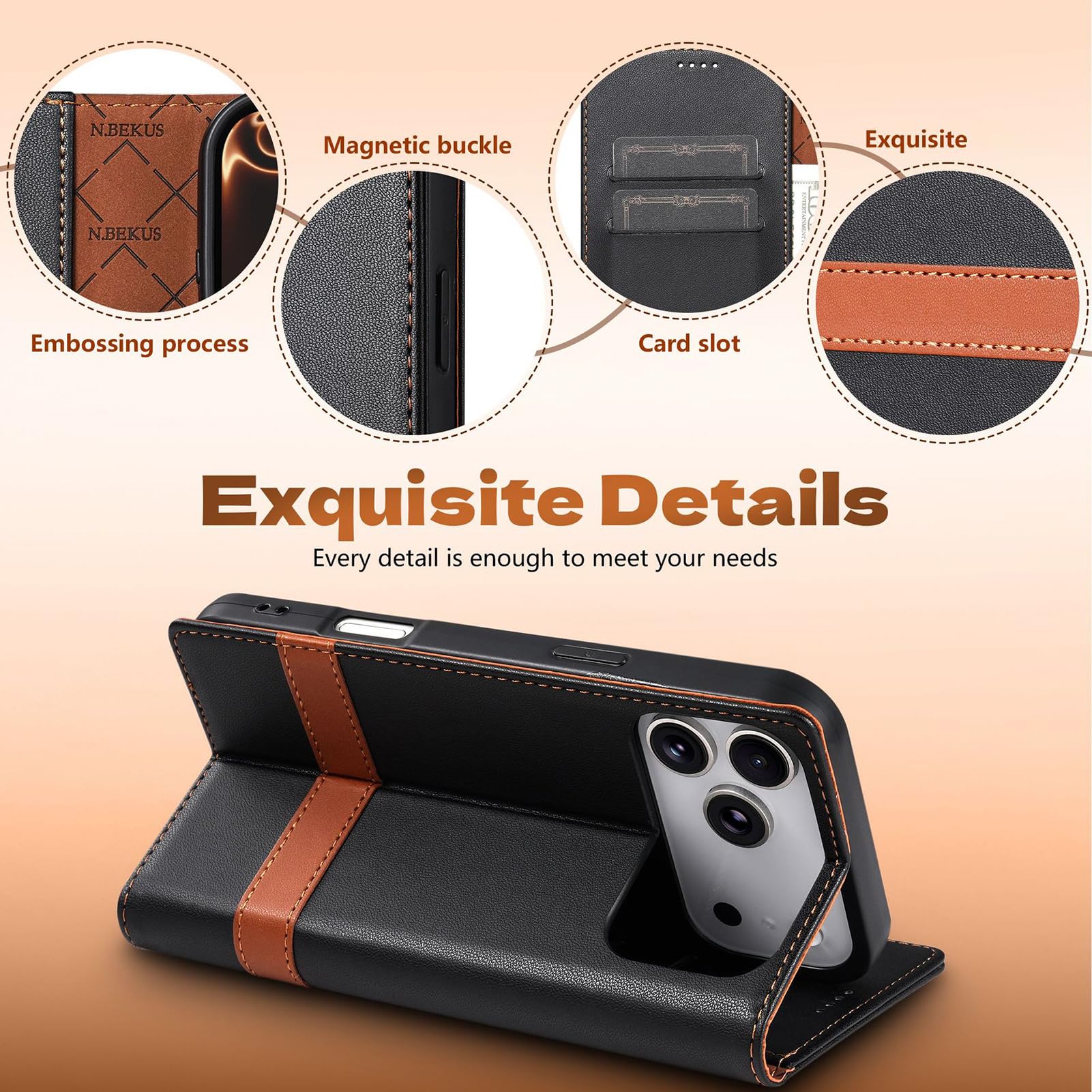 Custodia in Pelle per iPhone 17 Pro Max/17 Pro, Texture Litchi Porta Carte