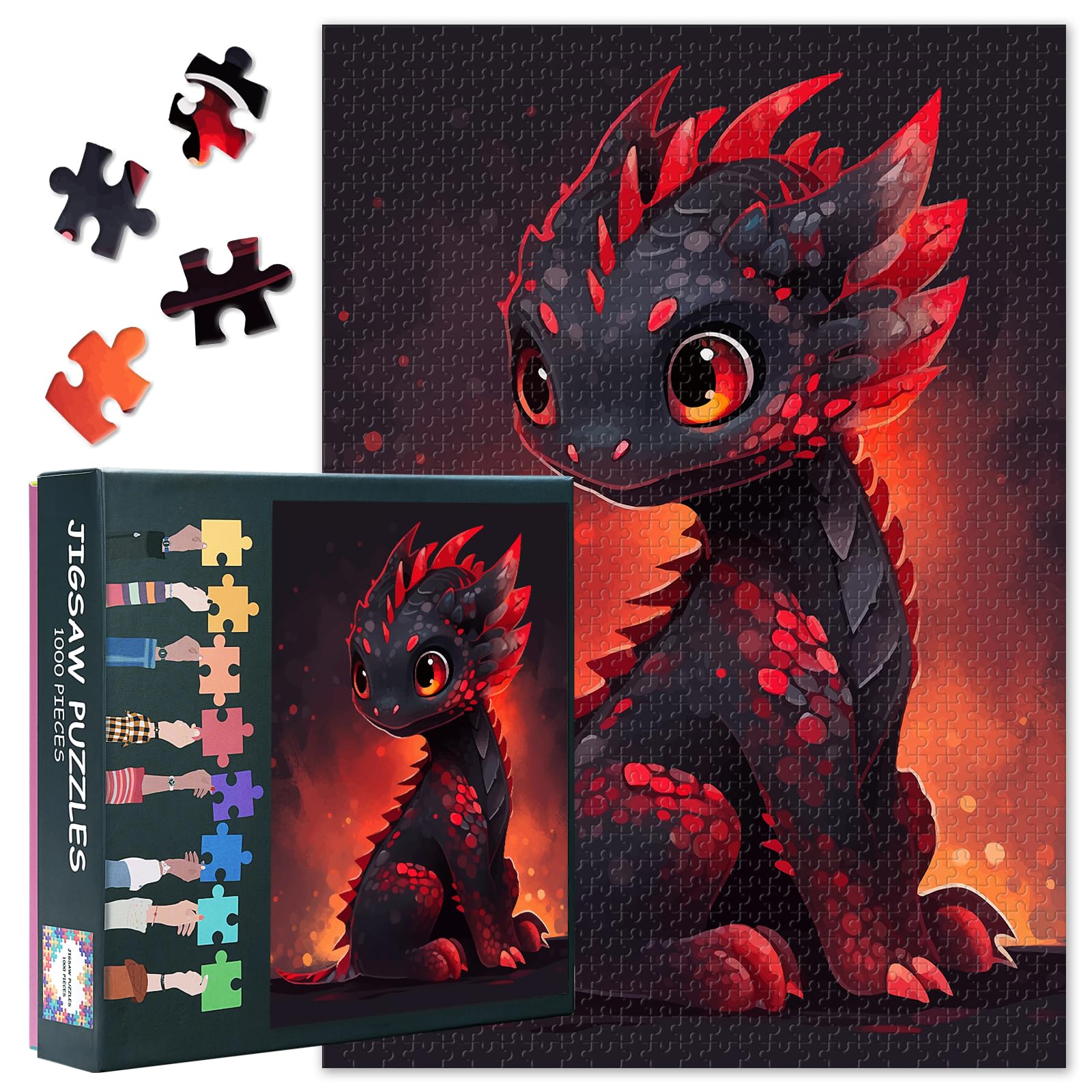1000 Piece Puzzle, Cute Fire Dragon with Glitter Effects, XXL Fantasy Dragon Artwork for Adults, Premium Paper Puzzle, Magic Creatures, Wall Decoration, Motif Size 70 x 50 cm
