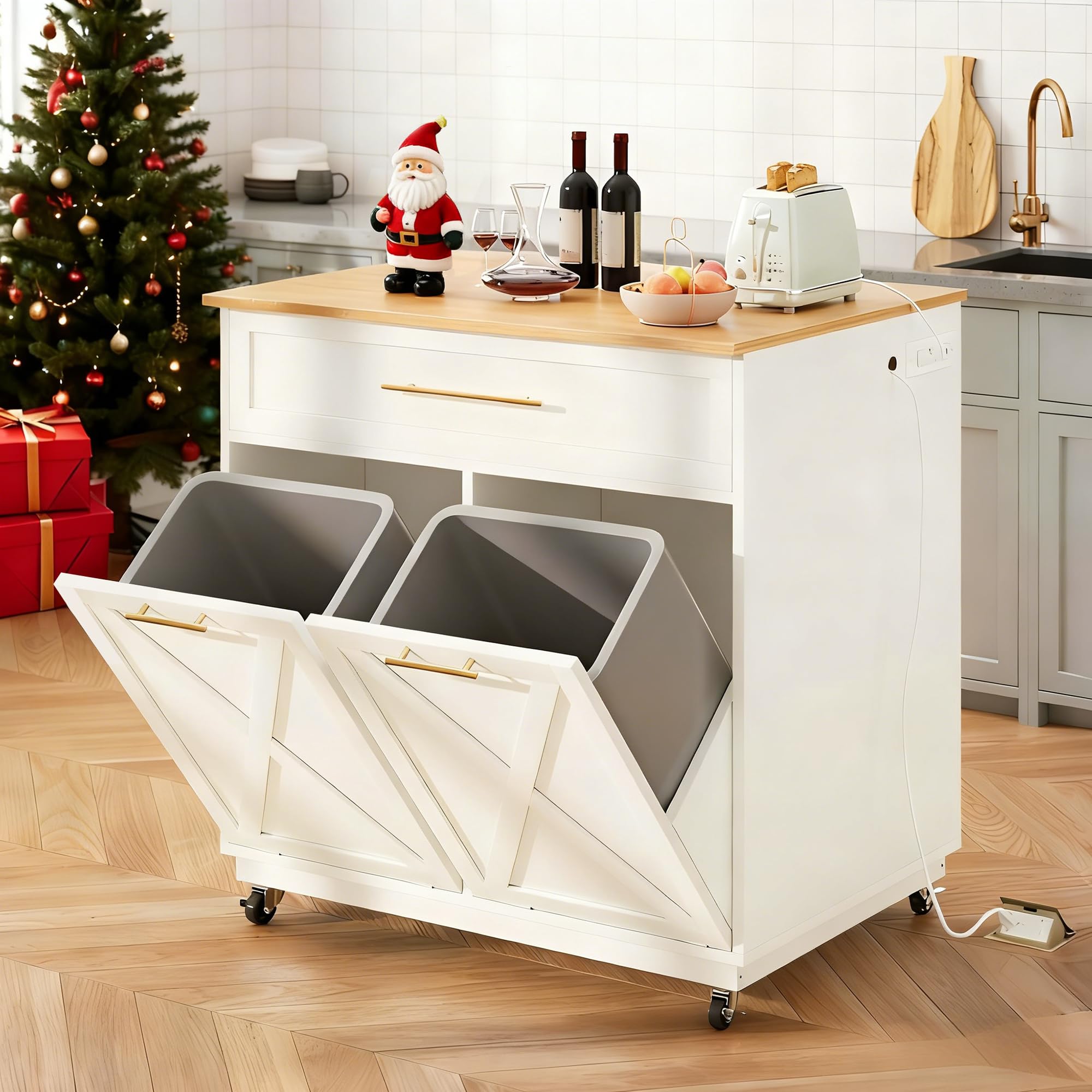 Photo 1 of **FOR PARTS ONLY, DAMAGED PIECES OF WOOD** DWVO Kitchen Island with Power Outlet, 40 inch Rolling Island Table with Trash Can Cabinet fits Double 10-Gallon Bin, Square Mobile Storage Islands with Tilt Out Garbage Bin Cabinet, White Oak
