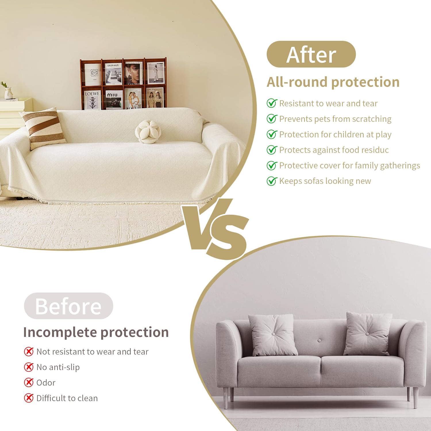 VANJOROY Beige Oversized Couch Sofa Cover for 3-4 Cushion Sectional Sofa L-Shape -Washable Chenille Couch Cover for Dogs Pets, Boho Couch Cover Protector Soft Sofa Slipcovers with Tassel,91"x 150"