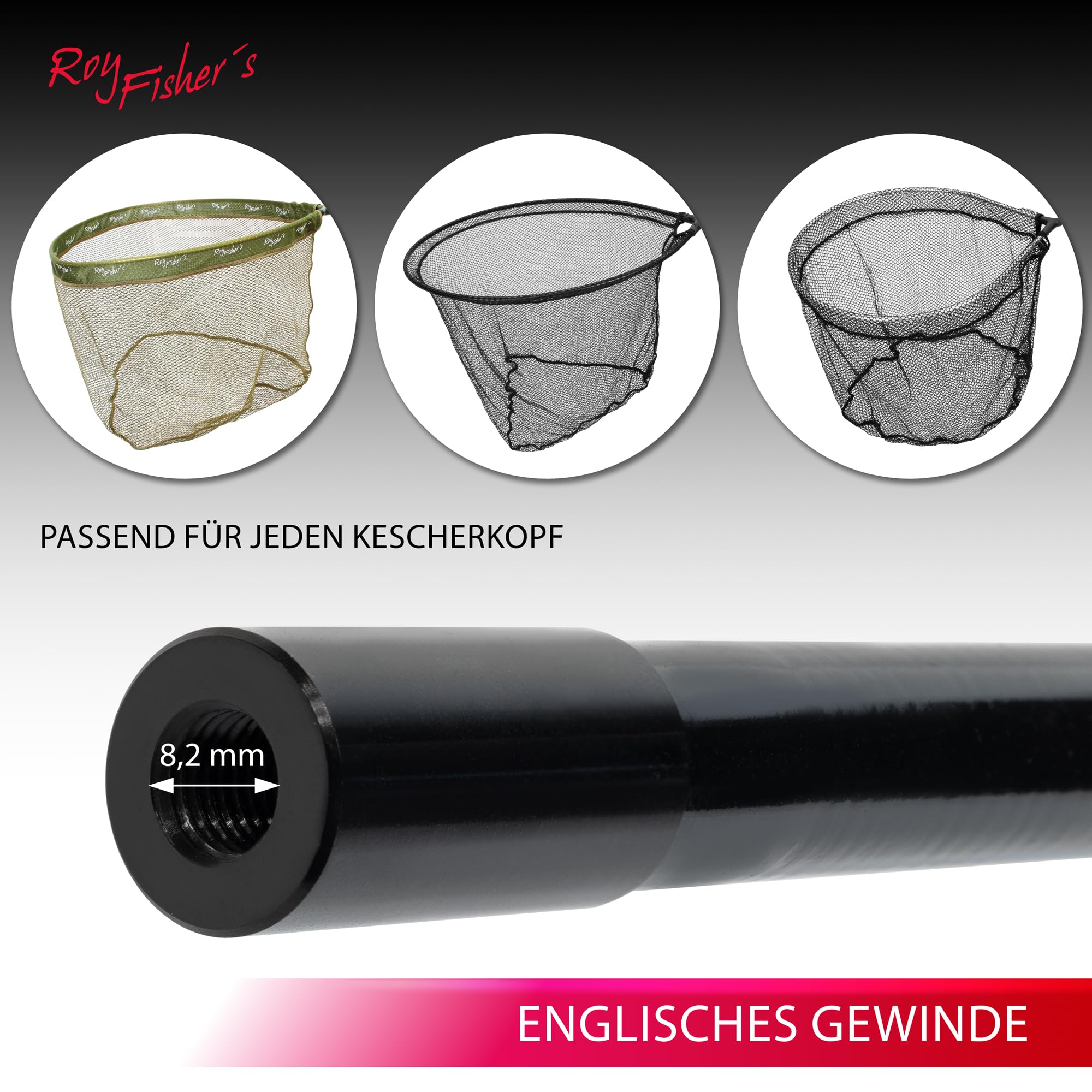 Roy Fishers Power Net Handle – Teleskop-Kescherstange aus Carbon-Composite – Rutschfester Griff – 2m, 3m oder 4m – Stabil & Leicht – Universal Gewinde – Für Forelle & Friedfisch