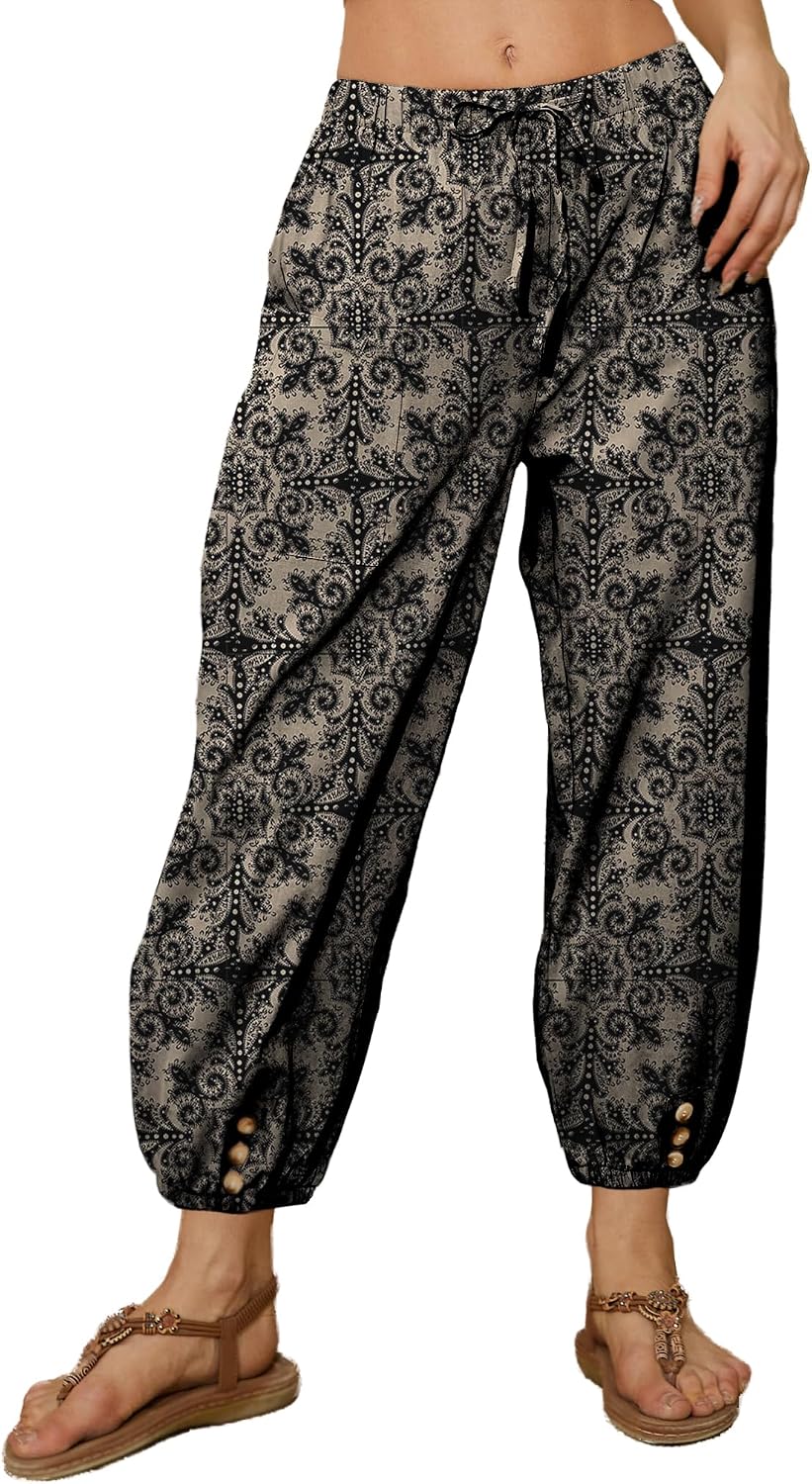 Wyeysyt Pantaloni da donna a gamba larga con coulisse a vita alta