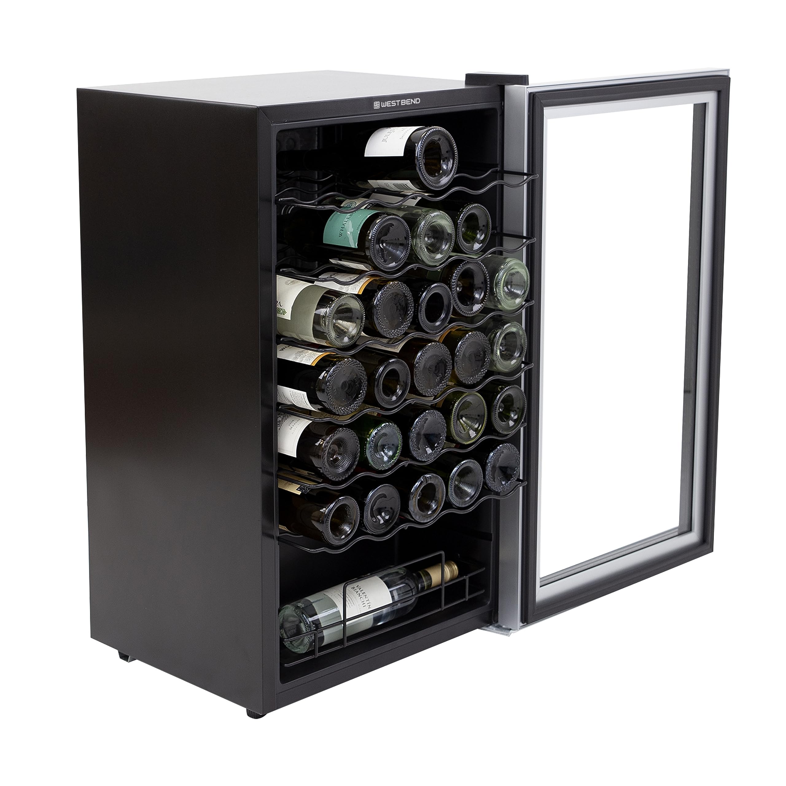 West Bend WB340WCNB 34-Bottle Wine Cooler Refrigerator Freestanding Single Zone with Temperature Control, Stainless Steel Construction with Glass Door, 19.5-Inch Wide, Black
