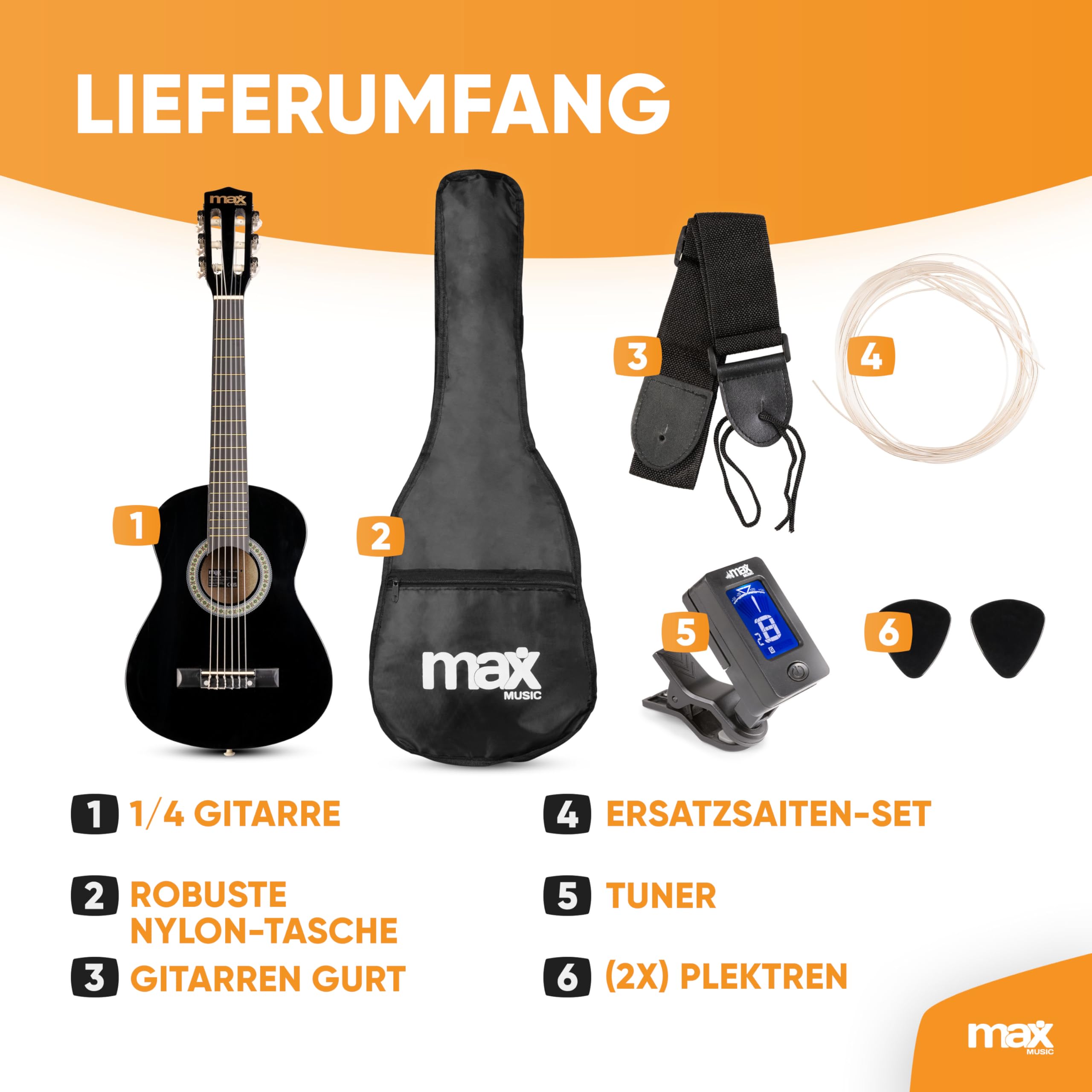 MAX SoloArt - 1/4 Gitarre Kinder ab 3 Jahre - Akustik Gitarre inkl. Gitarrenständer, Tasche, Plektrum, Gurt und Saiten-Zubehör, Kindergitarre 3 Jahre - Guitar in Schwarz