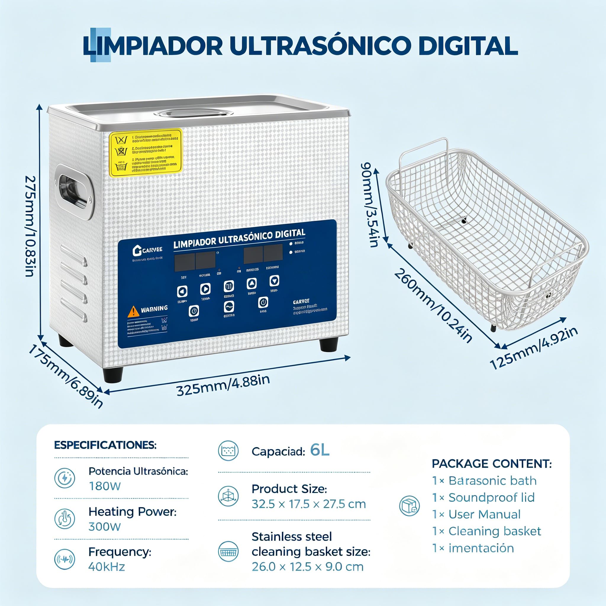 Garvee Limpiador Ultrasónico 6L 40kHz 60W, Máquina de Limpieza por Ultrasonidos en Acero Inoxidable 304, Panel Digital con Temporizador Ajustable 0-30 Min y Cesta para Joyas, Relojes, Gafas y Dental