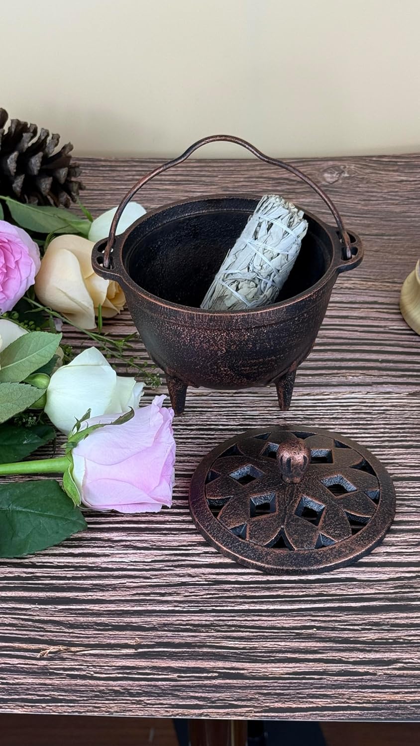 YIMIFLA Incense Burner Holder with Lid and Handle Cast Iron Cauldron 4.9" Frankincense Resin Charcoal Incense Burner Great for Yoga, Spa Aromatherapy, Smudging, Ritual & Blessings (Red Bronze)