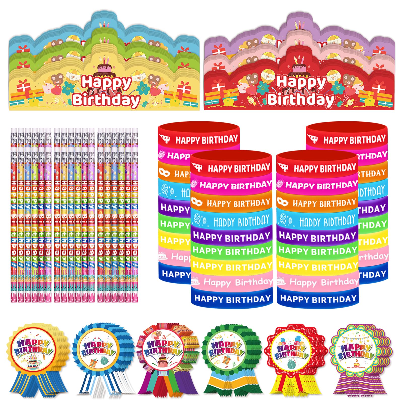 emzrivo 144 Pcs Birthday Pencils Set 36 Happy Birthday Pencils 36 Happy Birthday Rubber Bracelets 36 Happy Birthday Badge Stickers 36 Happy Birthday