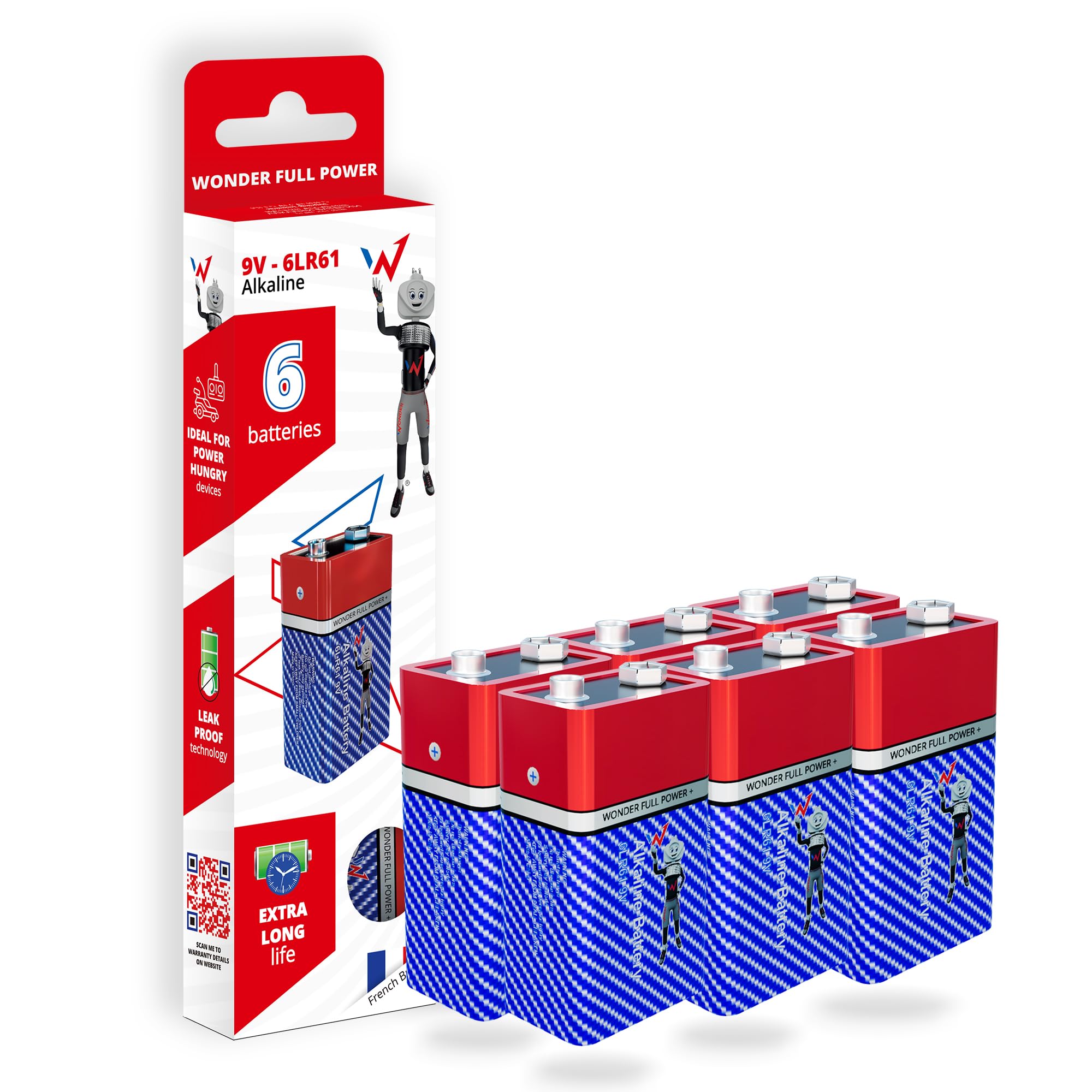 W Onder Full Energy 6LR61 / 9V Long Lasting Alkaline Batteries - Pack of 6 Batteries