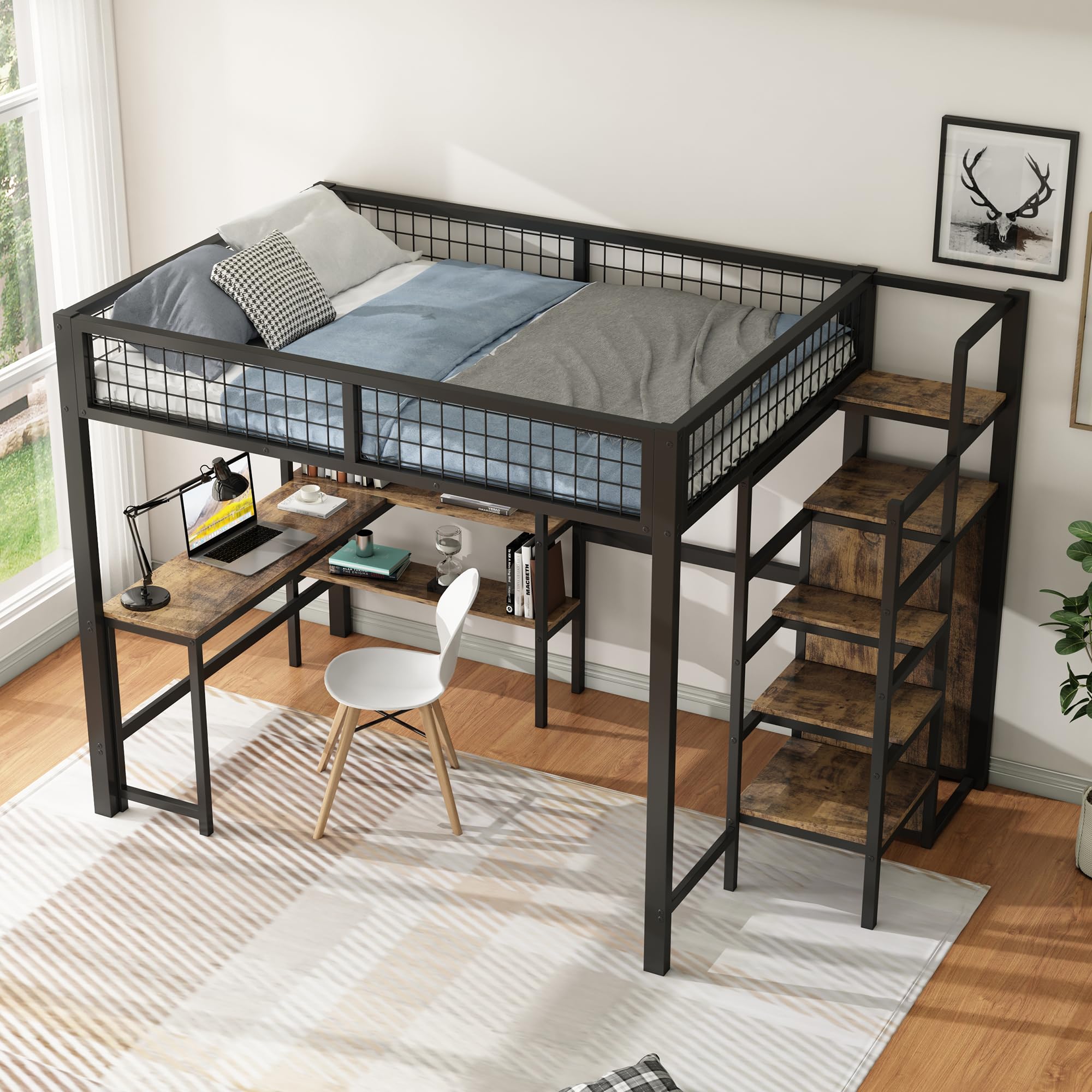 YESGIGA Lit mezzanine, en fer, échelle de rangement, plusieurs étagères, sans matelas, armoire encastrée, bureau (noir, 140 x 200 cm)