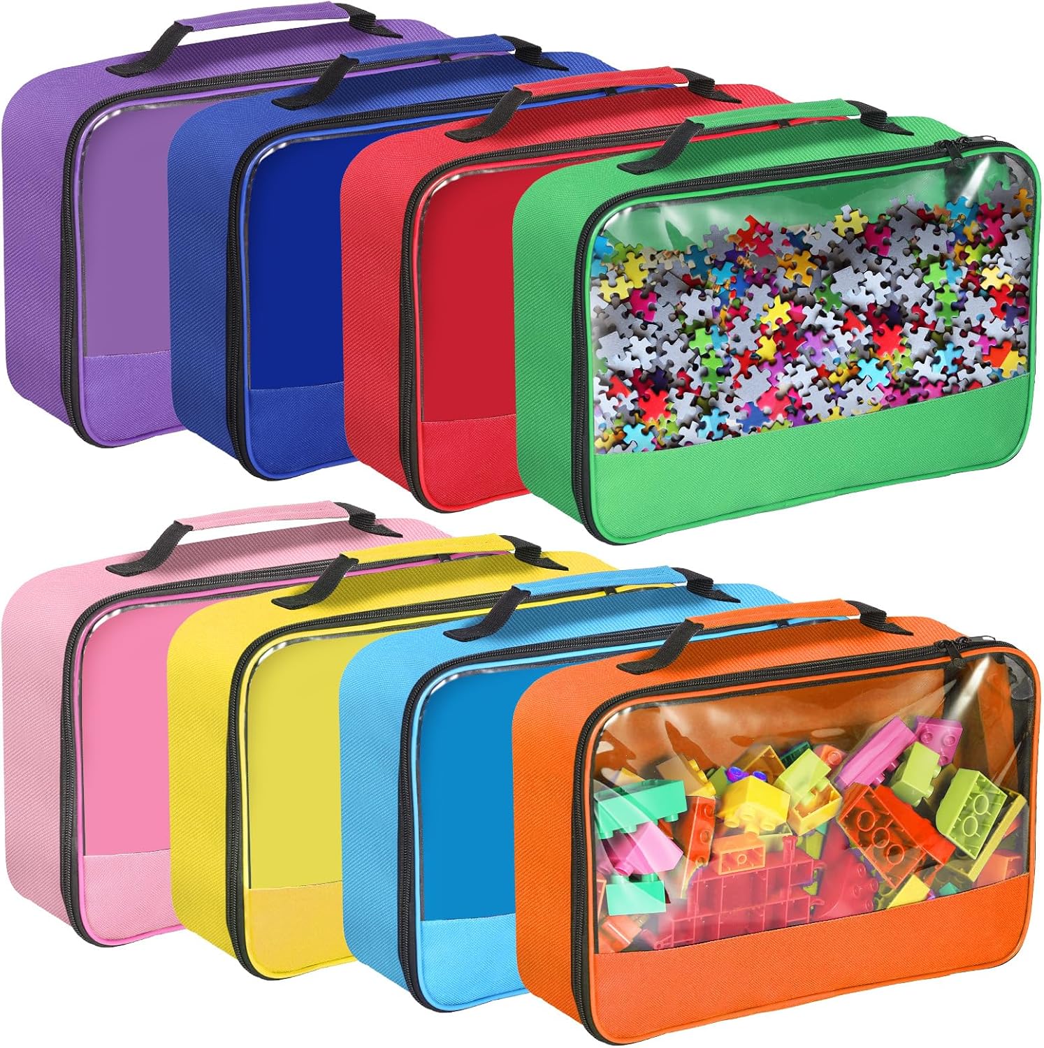8 Pack Toy Storage Bags with Zipper, Reusable Organizing Bags with Portable Handle, Travel Case for Building Blocks, Bricks, Puzzles, Books, Board Game Storage
