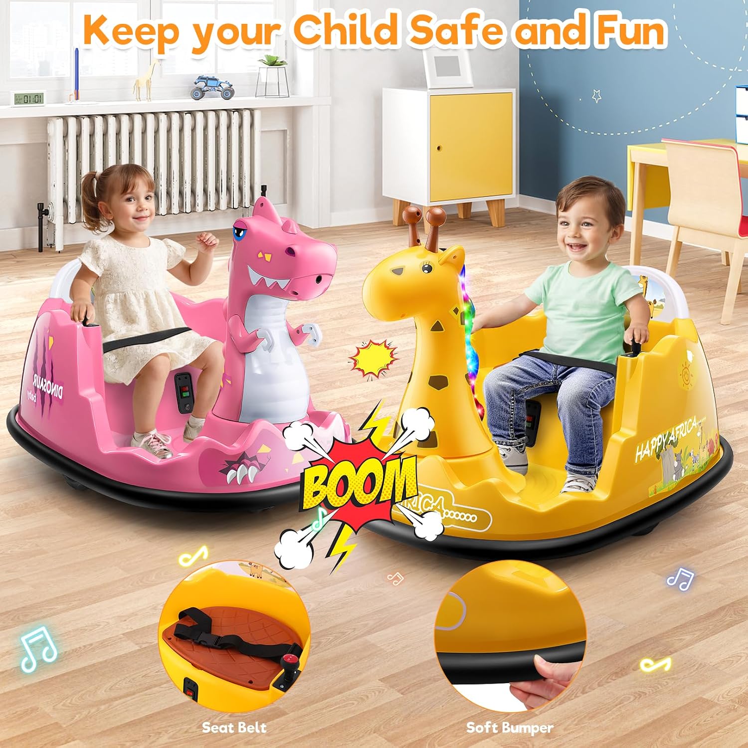 Hikole Dinosaur Baby Bumper Car for Kids 2-5, 12V Toddler Ride on Car with Remote Control, Colorful Light & Spray, 360°Degree Spin, 2 Driving Modes, 3 Speed Adjust, Rubber Bumpering Tyre, Pink