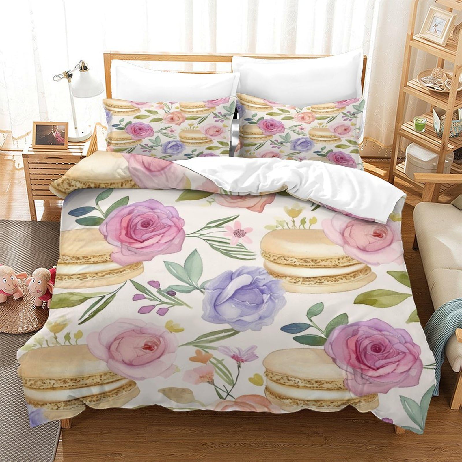 P1S9U7W5Y Floral 3D Printed Duvet Cover Set 3pcs Microfiber Macaron Pattern Bedding Set Super king（260x220cm）
