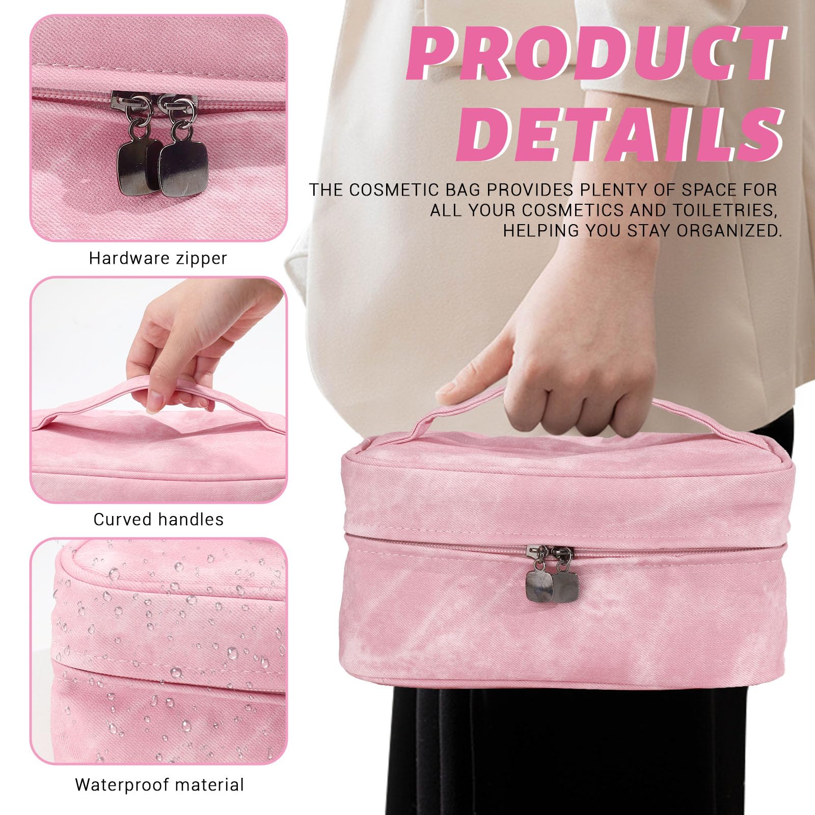Huakaile PU Leather Makeup Bag with Zipper, Waterproof Large Capacity Makeup Organizer, Portable Travel Cosmetic Cases - Image 3