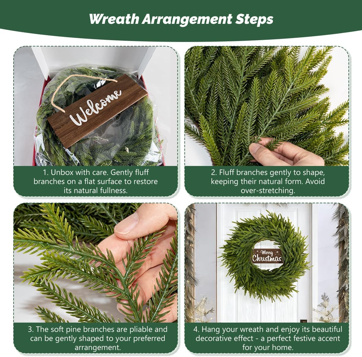 24 Inch Real Touch Winter Wreath for Front Door - Large Green Norfolk Pine Wreaths for Door Window Porch Wall Indoor Outdoor Decor, Artificial Holiday Plain Modern Farmhouse Wreath - Image 7
