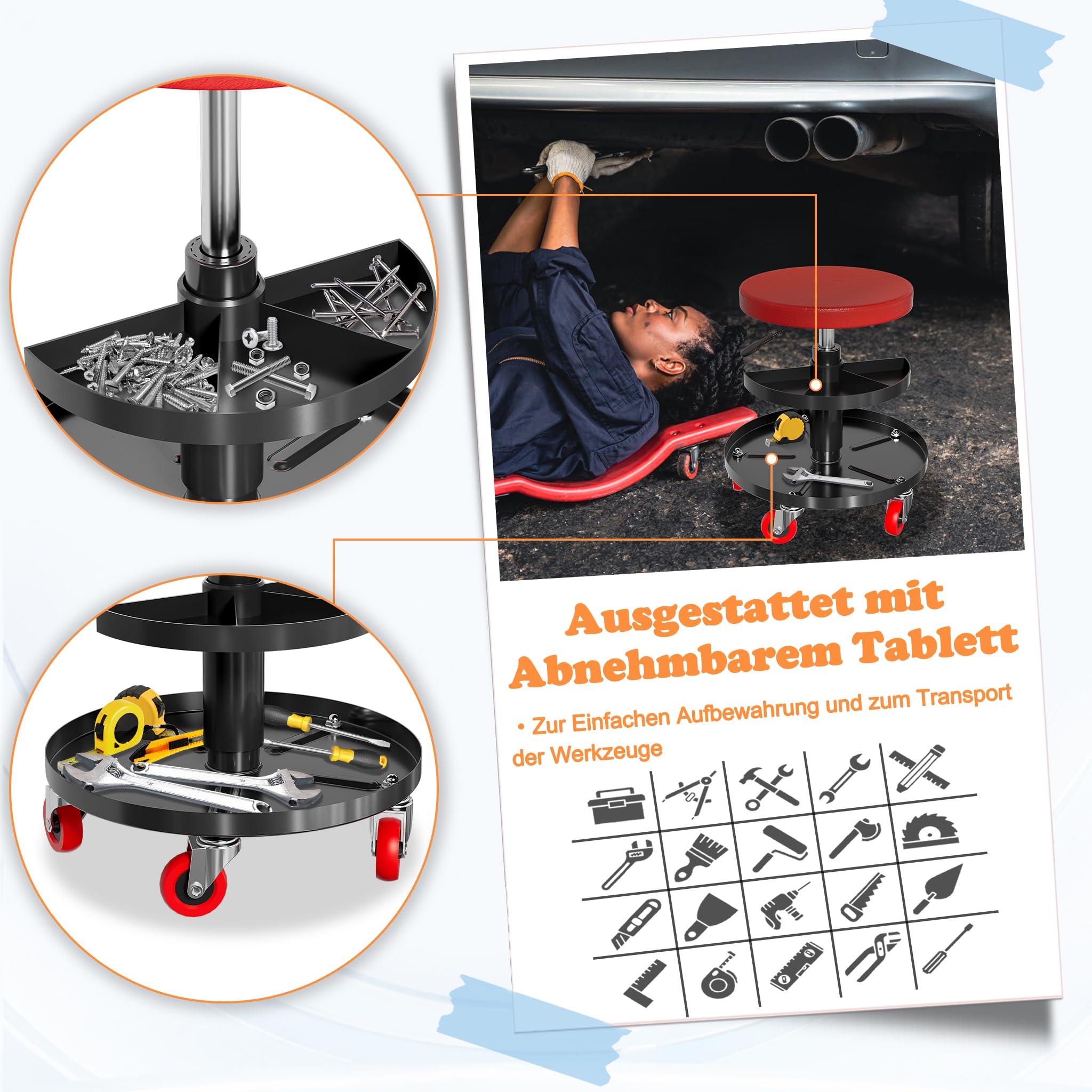 UISEBRT Taburete de taller móvil con bandeja y ruedas, taburete de garaje, capacidad de carga de 150 kg, para taller, cuidado de vehículos, mantenimiento de máquinas y bricolaje (redondo)