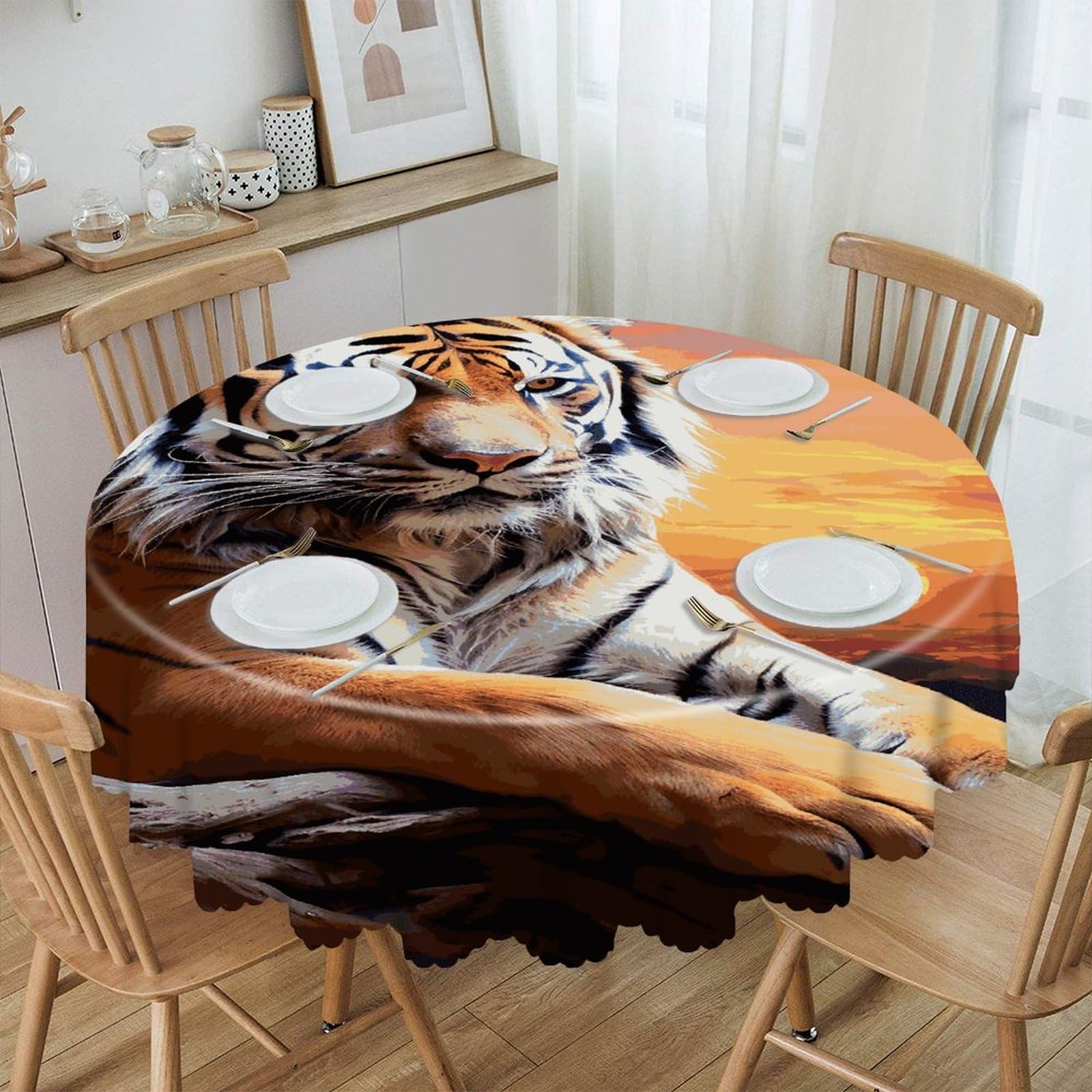 VstaDank Tiger Colorful Sunset Round Tablecloth 60 Inch Easy to Clean Circle Table Cover Thick Decorative Round Polyester Table Cloth for Dining Kitchen Party Farmhouse Outdoor