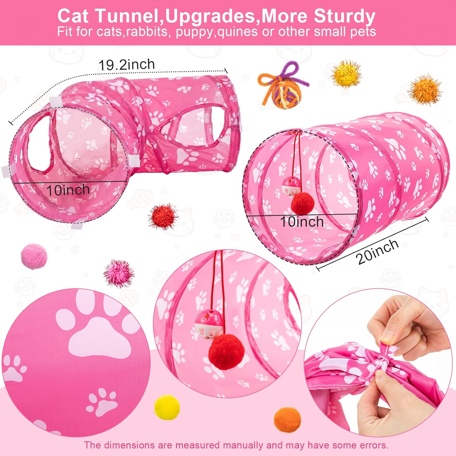 Leitee 40 Pcs Cat Toys Kitten Toys Assortments, Variety Toy Set Including 3 Pink Cat Paws Way Tunnel, Cats Feather Teaser, Fuzzy Mice, Crinkly Ball, Springs, Colorful Balls and Bells for Indoor Pet