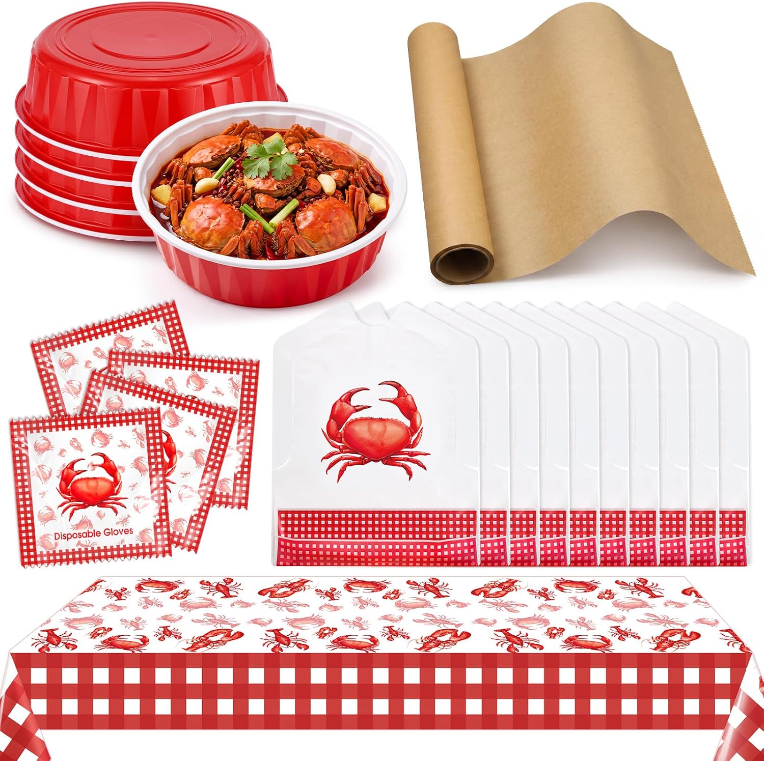 36 Pcs Seafood Boil Party Supplies Kit 54 x 108'' Disposable Crawfish Tablecloth Lobster Bibs Gloves
