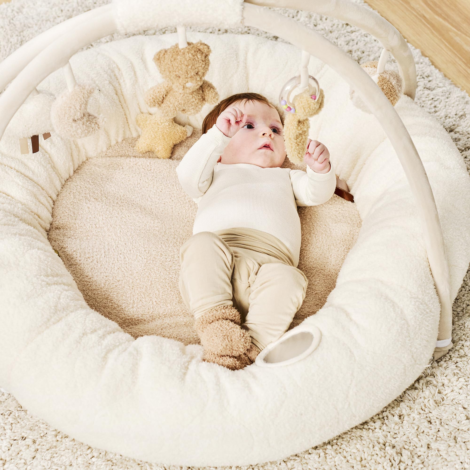 Nattou Runde Krabbeldecke mit Spielbogen, Ca. 90 cm, 100% Polyester, Teddy, Ecru