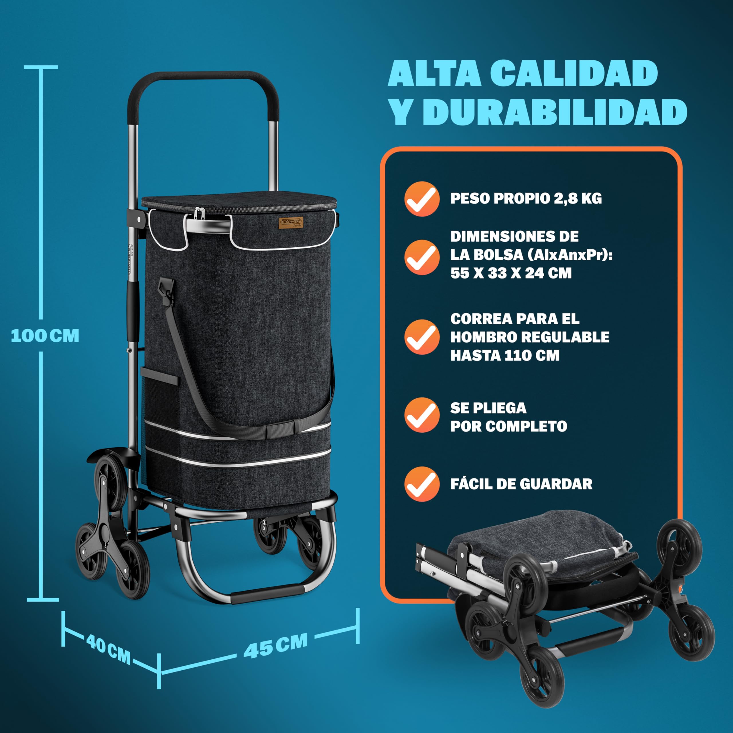 MONZANA® Carrito de Compras Plegable hasta 50Kg Bolsa Extraíble Compartimento Isotérmico de 10L 6 Ruedas 3 Bolsillos