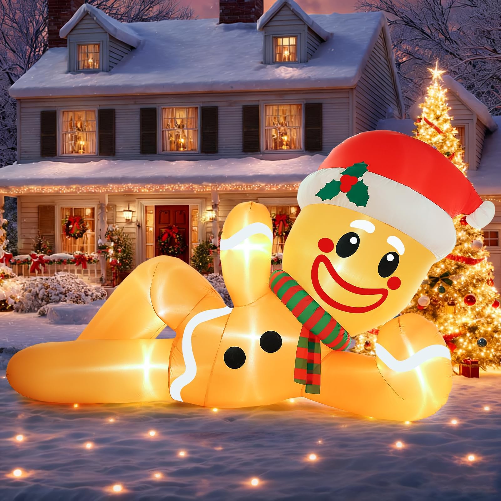 Aufblasbare Weihnachtsdekoration, Lebkuchenmann, riesig, flach liegend, aufblasbar, mit eingebauten LED-Lichtern, 3 m