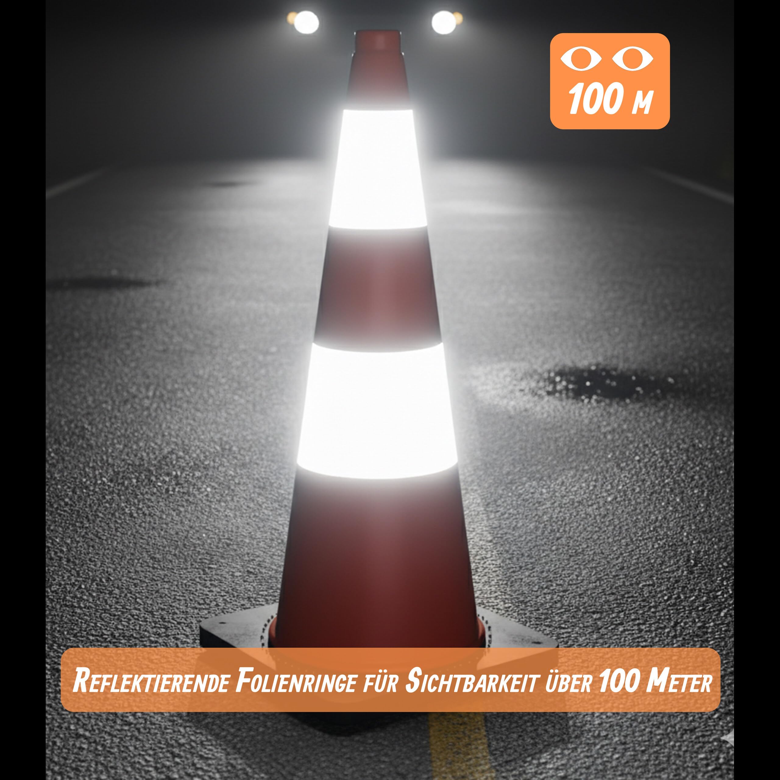 Relaxdays Leitkegel, 75 cm, Absperrkegel, hohe Sichtbarkeit, reflektierend, Pylon Baustelle, PVC & Gummi, orange/Silber