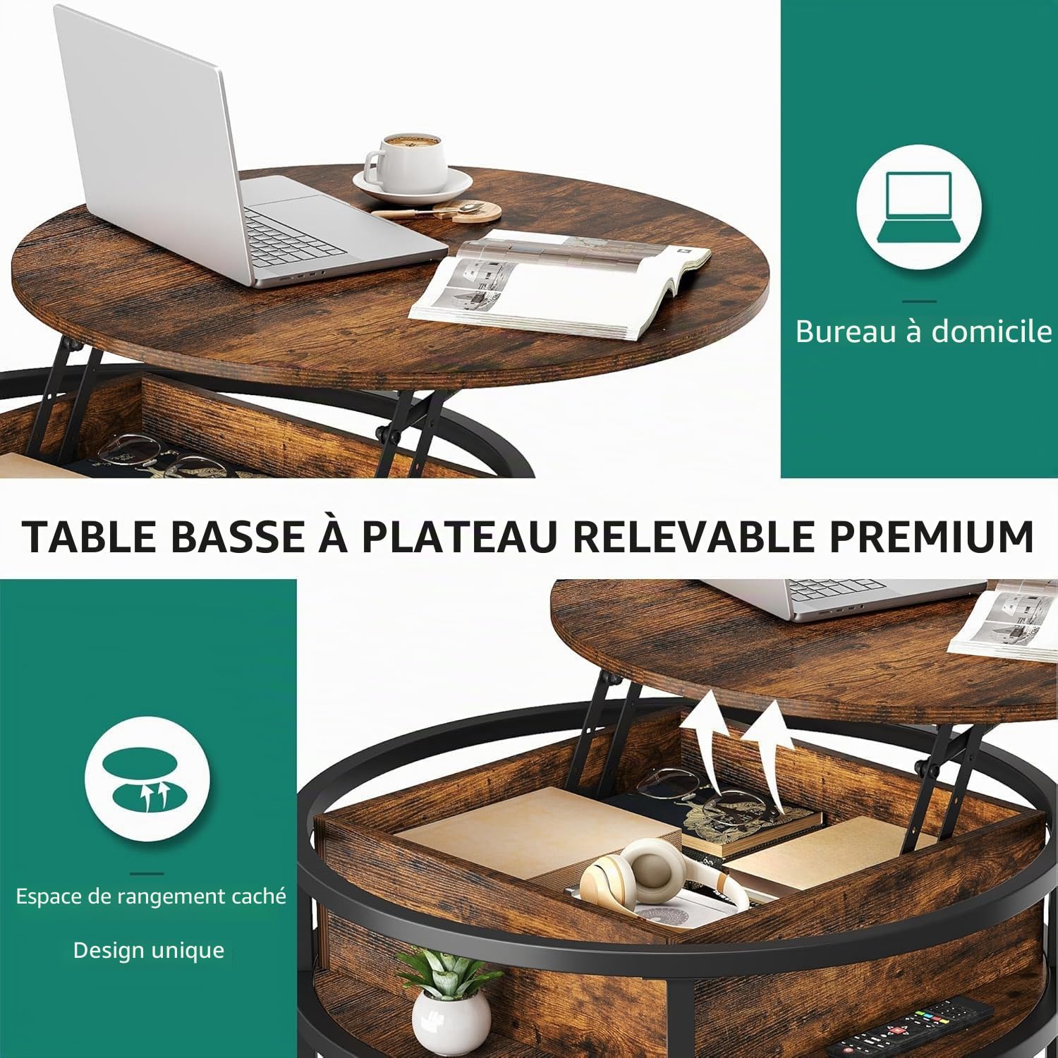YITAHOME Table Basse Relevable avec Rangement Caché, 80x80X47cm, Table Basse Ronde Salon avec Cadre Métallique Robuste, Forte Charge Portante