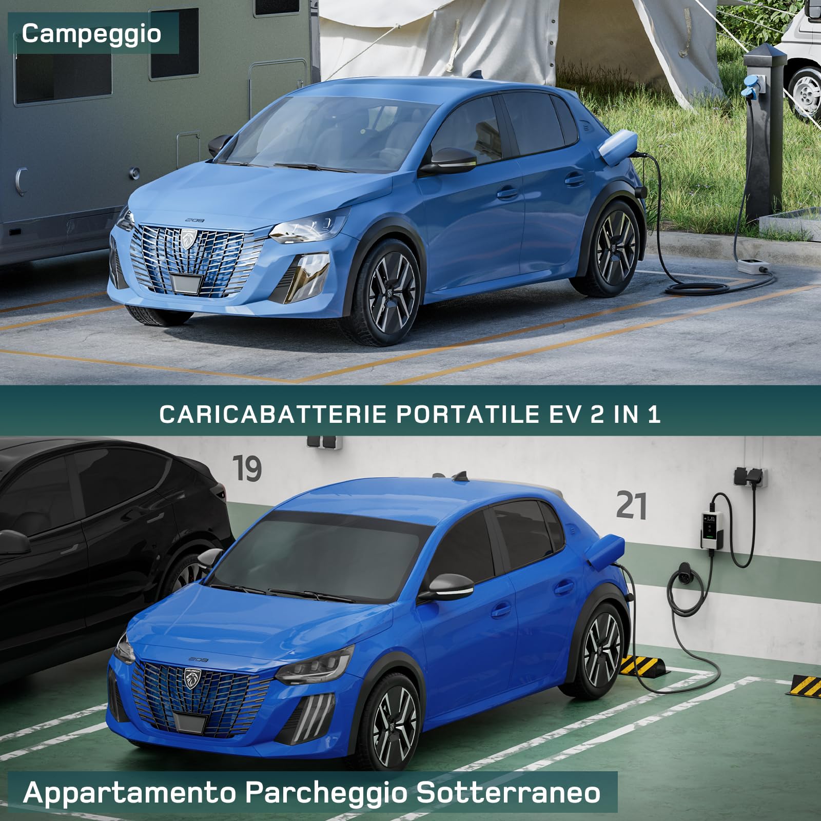 dé Cavo Ricarica Auto Elettrica Tipo 2 Schuko 3,7kW [6/8/10/13/16A] Colonnina Ricarica Auto Elettrica con Supporto, Wallbox Compatibile con Model Y/3, e208 e Altri EV/PHEV, Bianco, 6,5m
