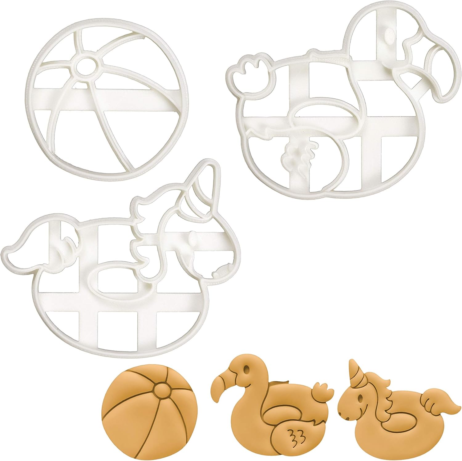 Set of 3 Pool Party cookie cutters (Designs: Beach Ball, Flamingo Float, and Unicorn Float), 3 pieces - Bakerlogy