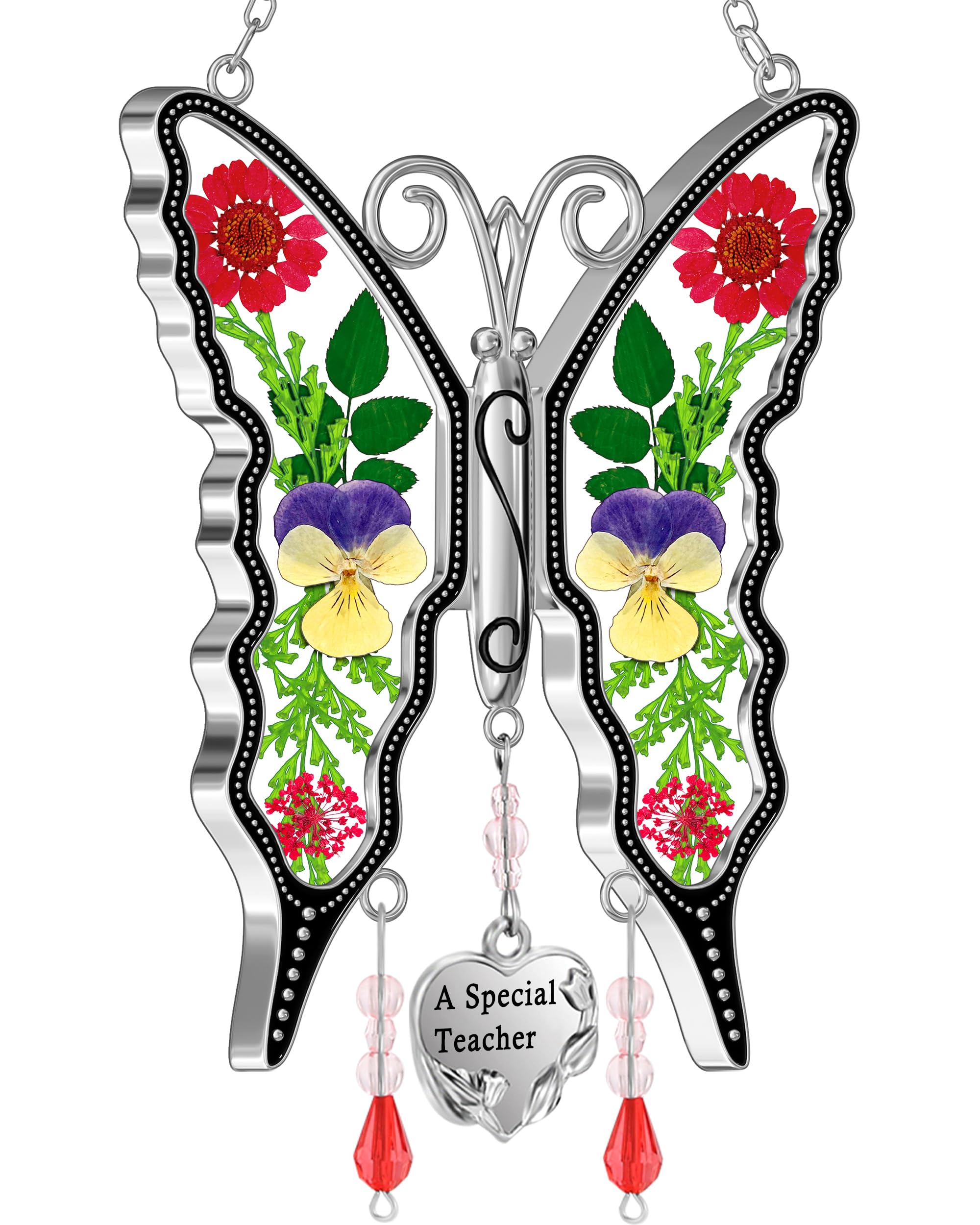 KY&BOSAM Butterfly Suncatcher A Special Teacher Stain Glass Suncatchers for Window Hanging Wind Chime with Pressed Flower Wings in Glass and Heart