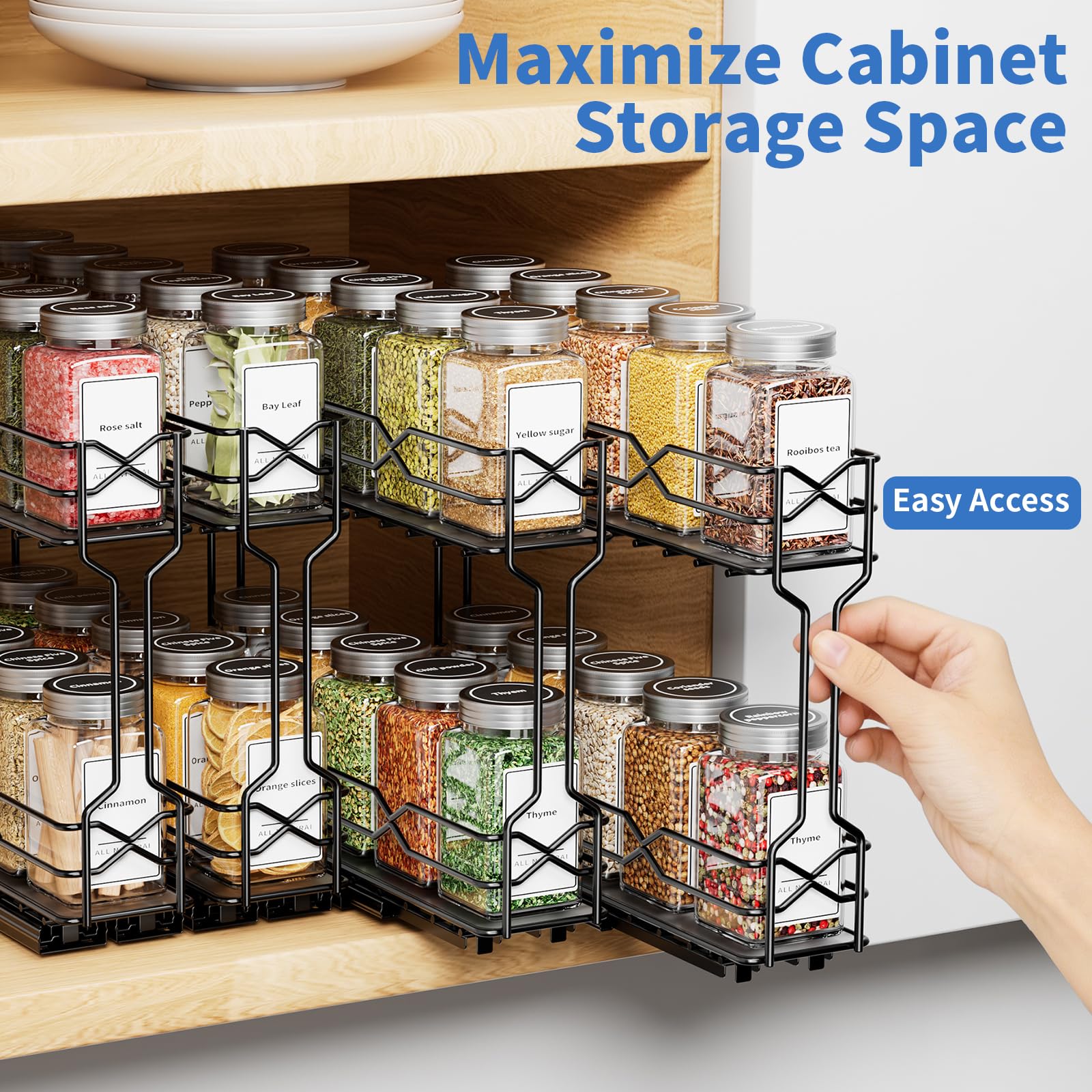 Gewürzregal Ausziehbar 4er-Pack, Gewürz Organizer Für Schrank | Modulares 4er-Pack, Doppelte Gleitschienen, Vollauszug-Design , Schwarze Metallkonstruktion, Einfache Montage, Schrank