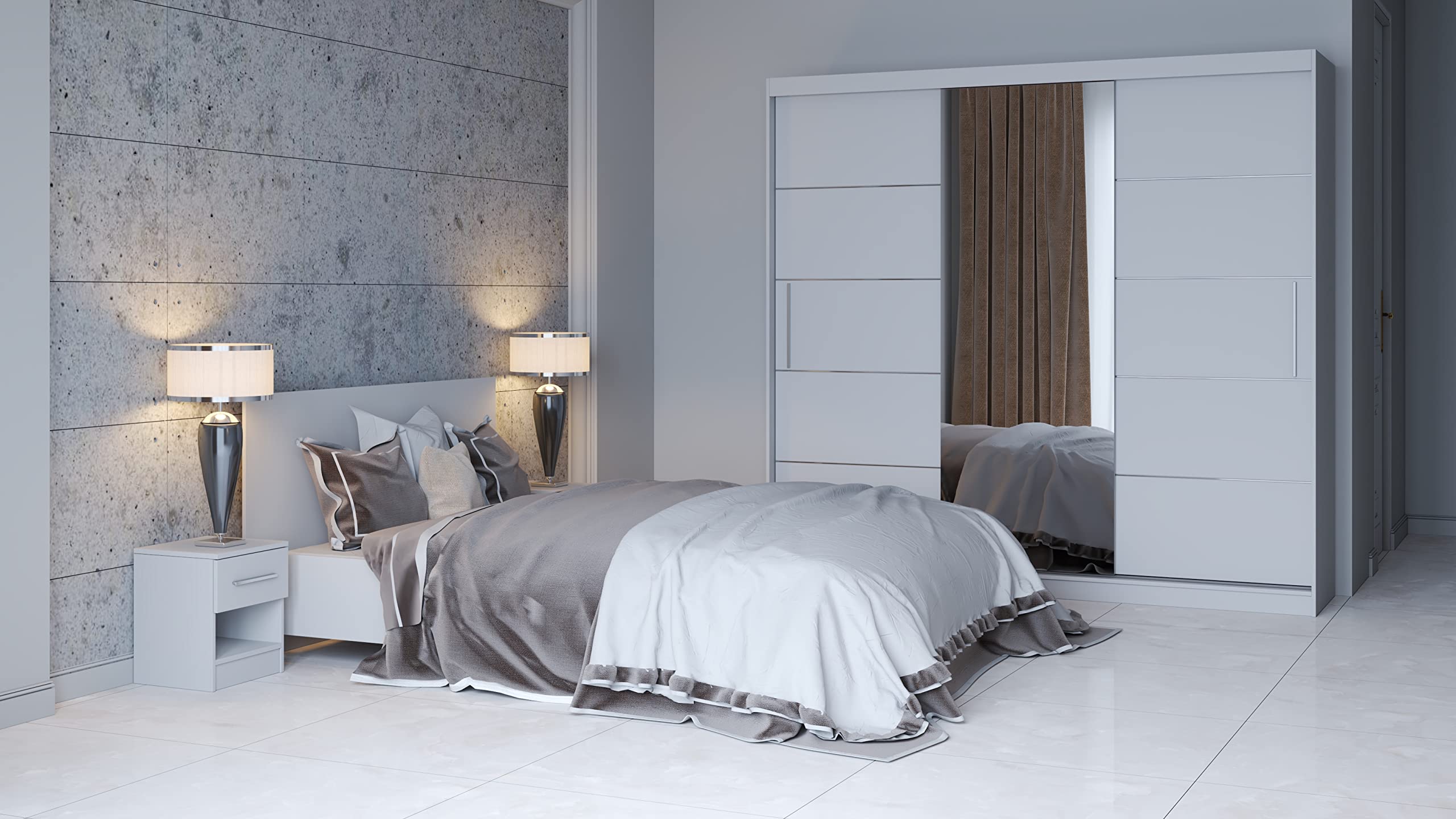Fabryka Mebli Idźczak Schlafzimmer-Set Komplett - Astral Bettgestell - Kleiderschrank mit Spiegel, Nachttisch, Kommode- Innovativ, Stilvoll, Modern