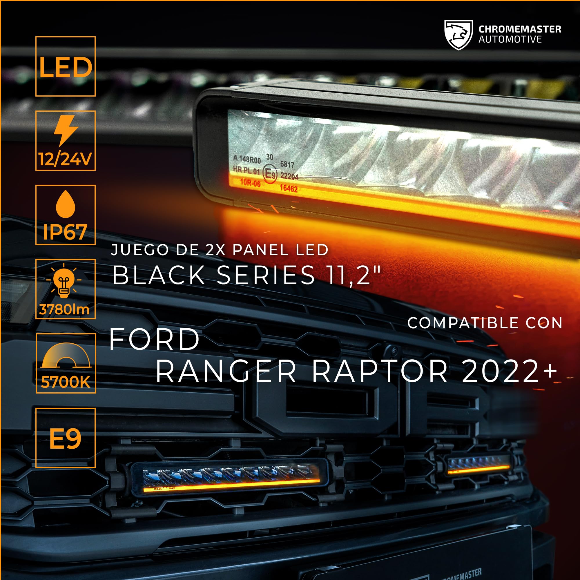 CHROMEMASTER | Luces LED en la Parrilla del Vehículo Compatibles con Ford Ranger Raptor 2022+ ; 2x Luces Diurnas LED BAR BLACK SERIES 11,2" IP69K, Homologación E, 12–24V; 3 Modos de Iluminación