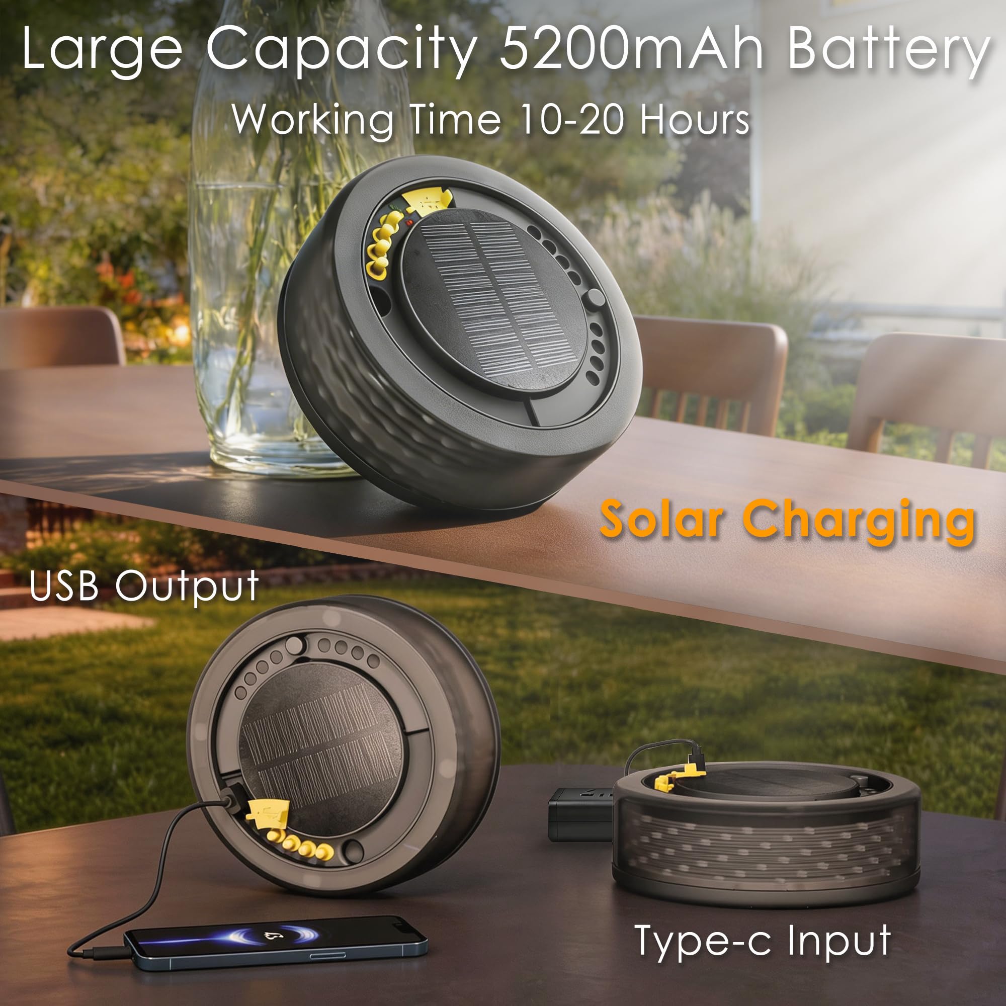 Lot de 2 guirlandes lumineuses solaires de camping 5200 mAh, lot de 2 guirlandes lumineuses portables RVB de 10 m, 4 en 1, étanche, chargeur de téléphone rechargeable USB-C pour décoration de Noël