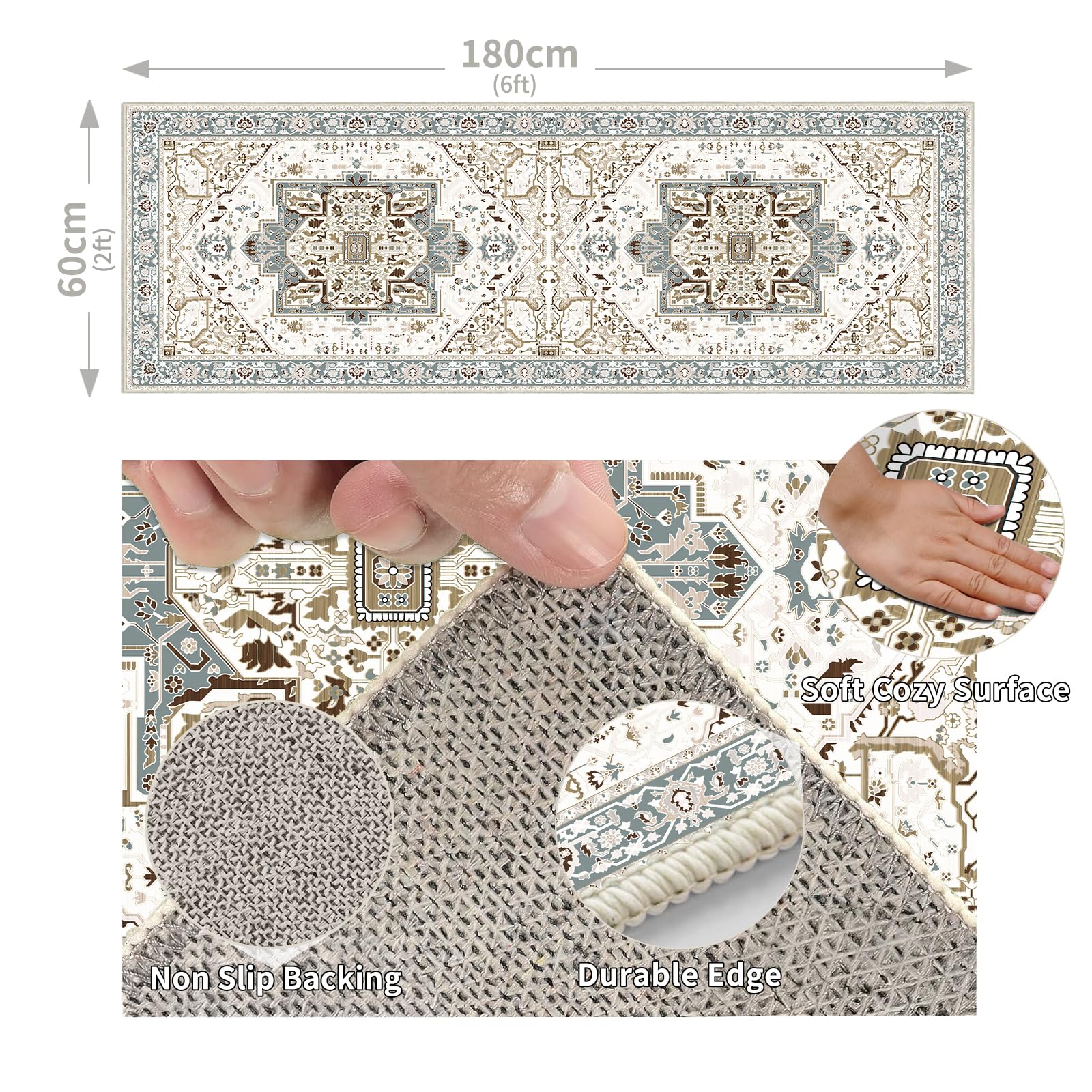Cycleader 60x180cm Non-Slip Washable Runner Rug for Hallway, Vintage Boho Faux Cashmere Carpet Anti-Fatigue Kitchen Rugs Indoor Soft Long Floor Mat Low Pile Runners with Anti-Slip Backing for Bedroom - Image 2