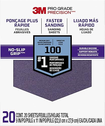 3M Papel de lija avanzado, 20 hojas, grano 100, precisión de grado 3M Pro, cuenta con soporte de agarre antideslizante, 9 x 11 pulgadas, para lijar