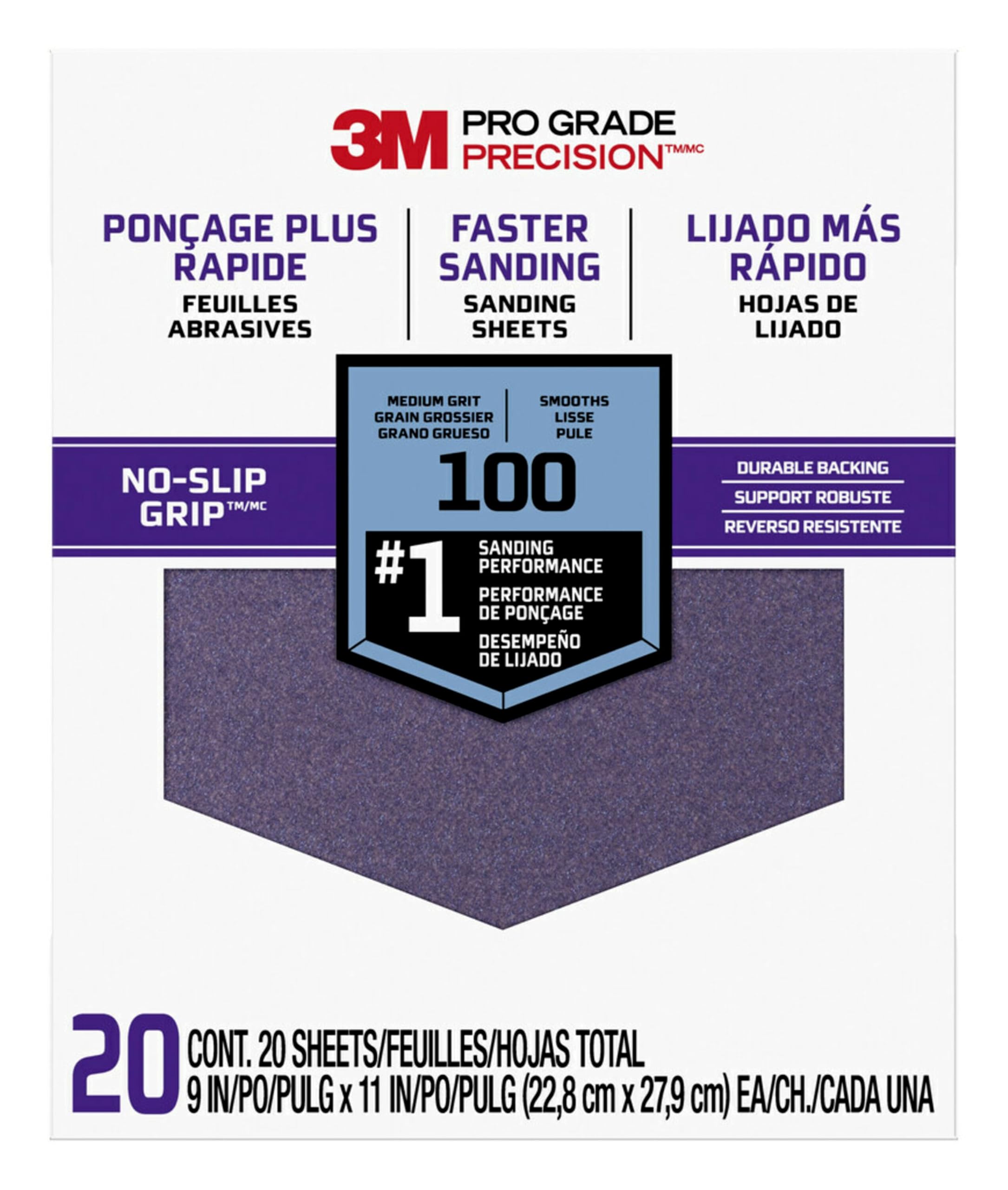 3M Advanced Sandpaper, 20 Sheets, 100 Grit, 3M Pro Grade Precision, Features No-Slip Grip Backing, 9-in x 11-in, For Sanding Wood, Drywall, or Metal, Can be Used on Wet or Dry Surfaces (26100CP-P-G)