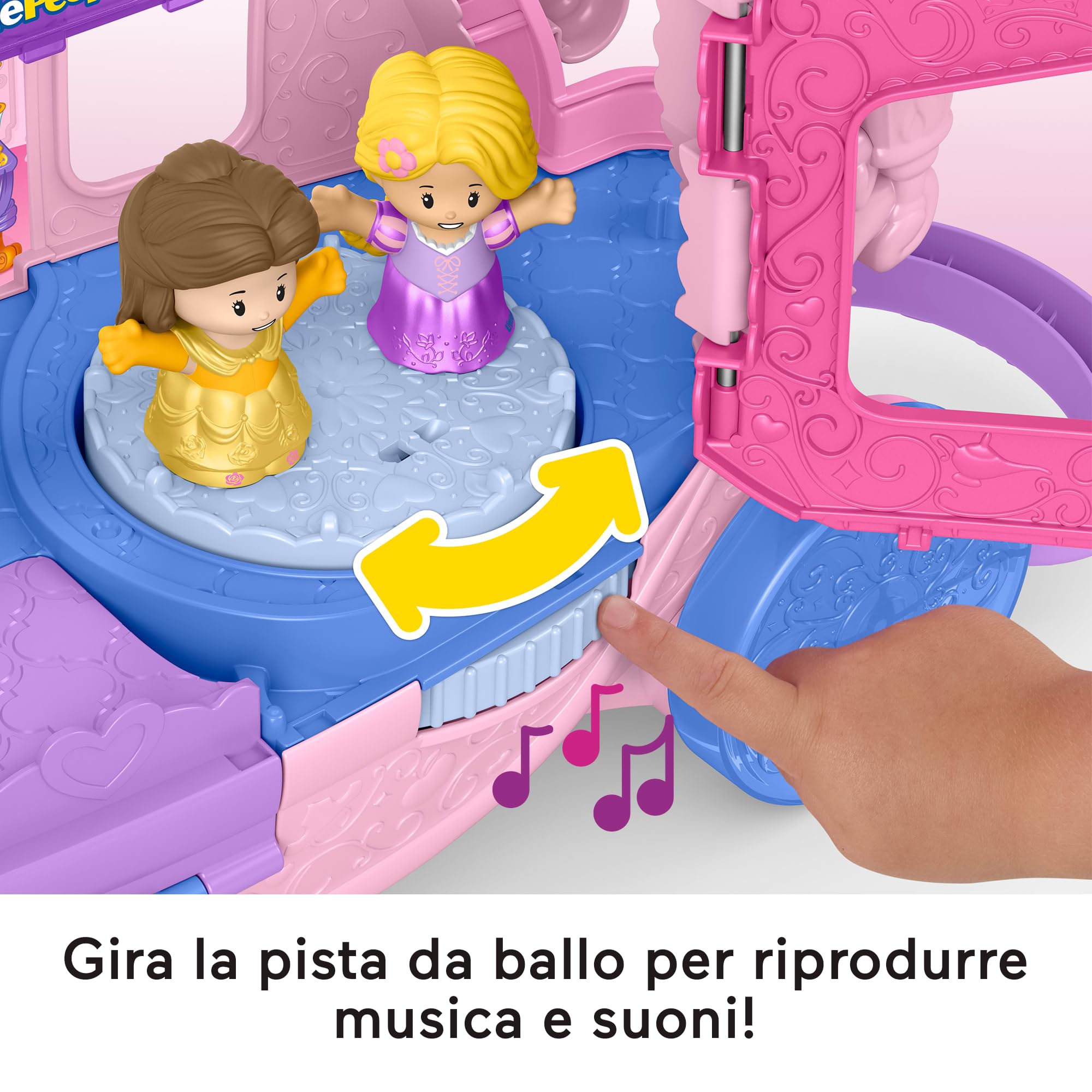Fisher-Price Little People Disney Princess - Carrozza Musicale, set trainabile 2 in 1 con luci e suoni, personaggi di Belle e Rapunzel inclusi, giocattolo per bambini, 1+ anni, JCW72