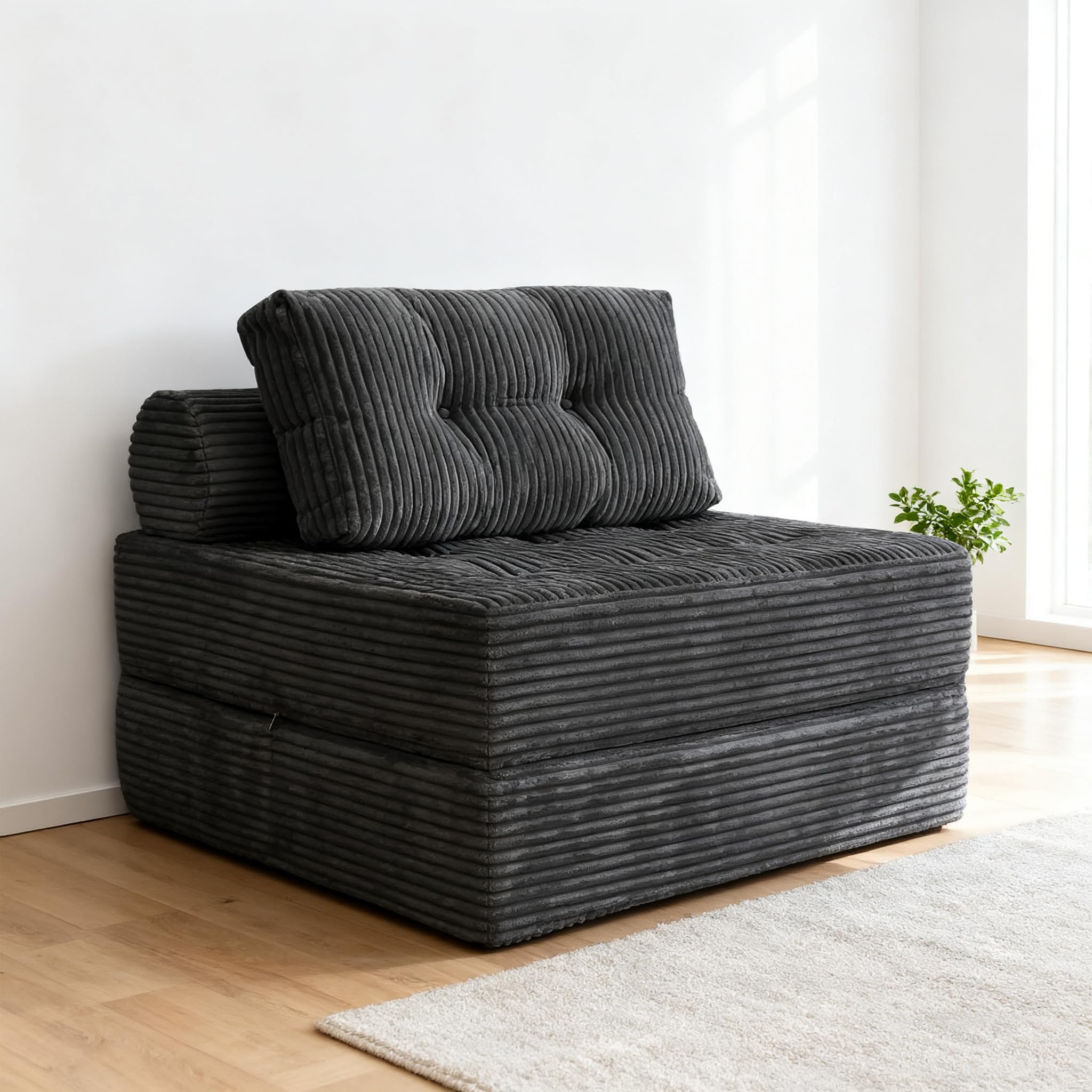 Folding Sofa Bed, Convertible Couch Chair with Pillow, Boneless Velvet Foldable Sleeper Sofa with Back Support, Portable Fold Out Lounger for Living Room, Apartment & Dorm, Dark Grey Single