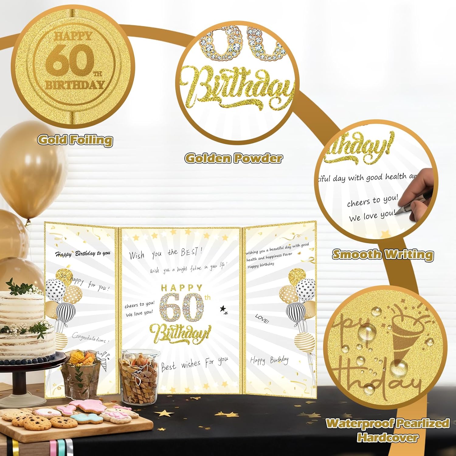 70th Birthday Signature Guest Book, 70th Birthday Card Decorations for Men Women 70 Years Old Table Signature Frame Gift 70 Birthday Card Board Party Supplies Black and Gold Party Decorations - Image 4